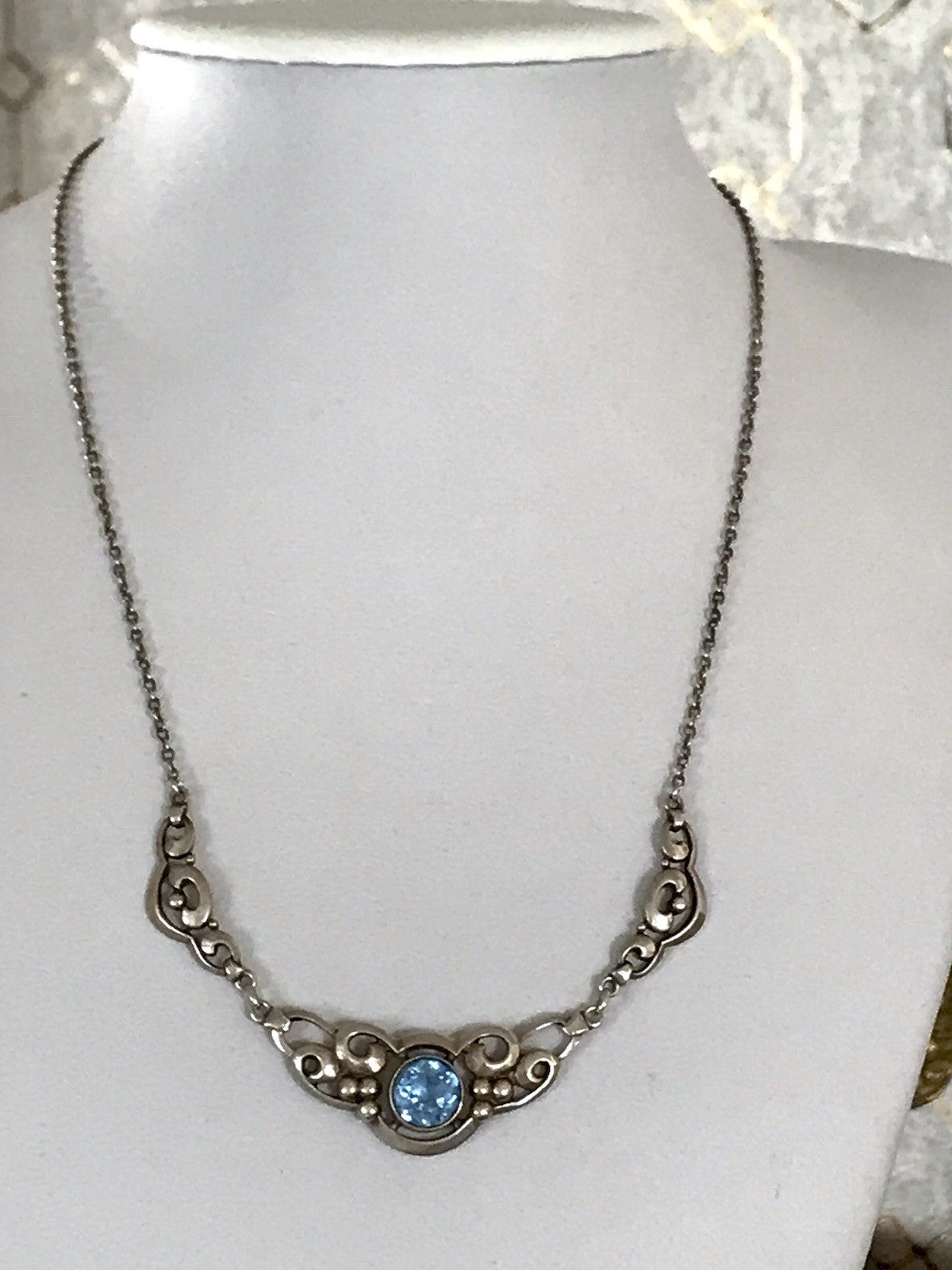 Antik 835 Sterling Silber Collier Halskette Kette Blauer Stein FBM