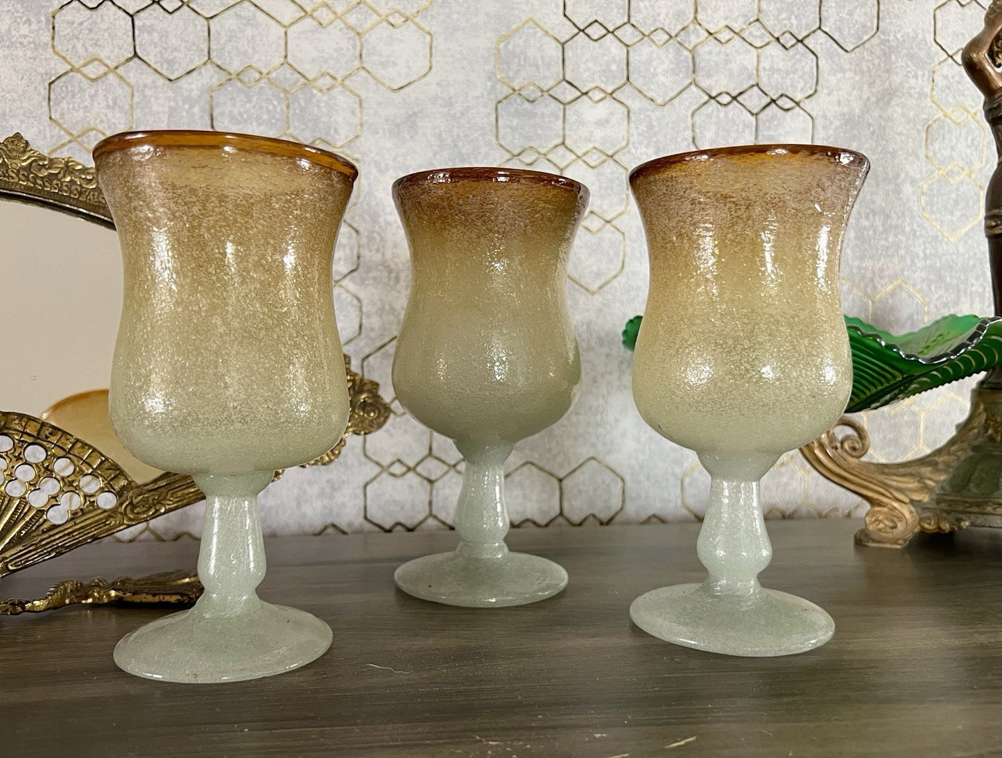 Antik Art Deco 3 Weingläser Weinkelche Glas Murano Pulegoso Napoleone Martinuzzi