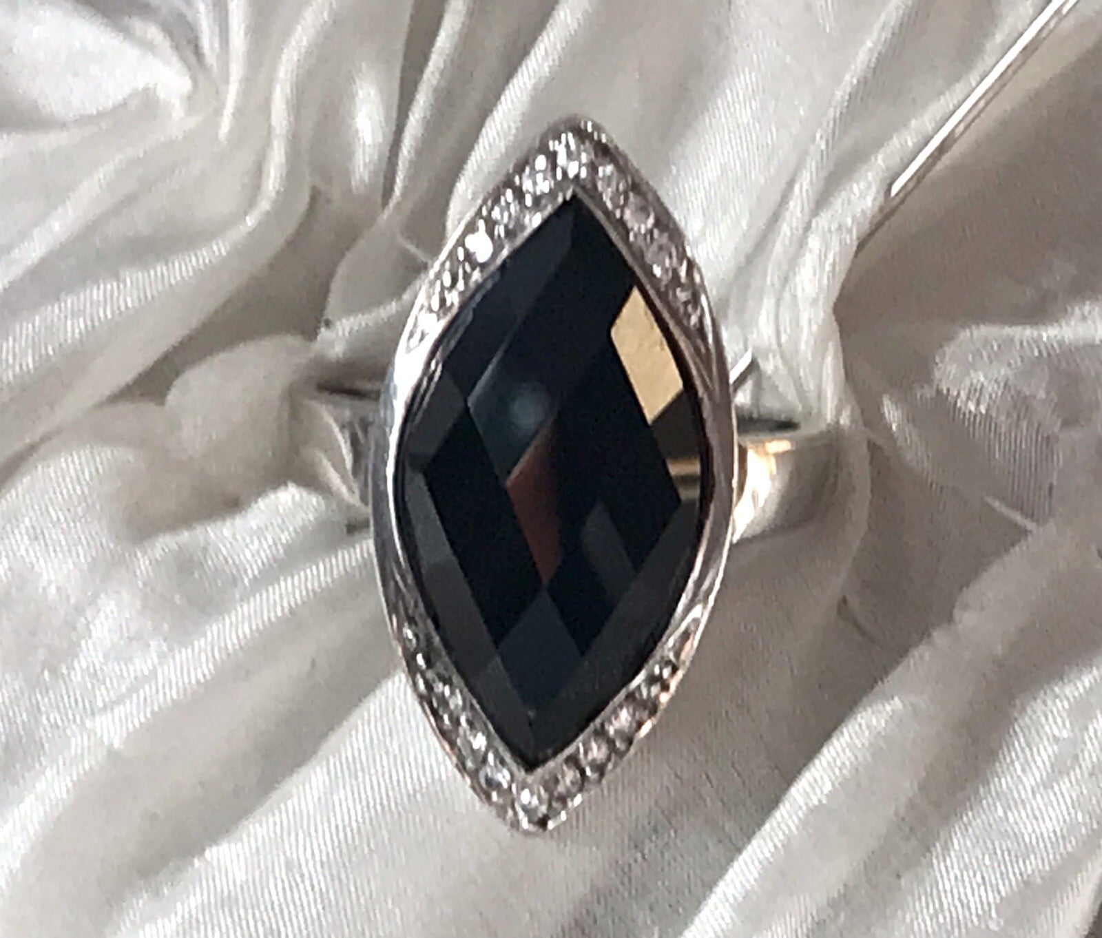 Vintage Onyx? & farblose Steine DAMEN RING Silber 925 Gr.57 58 Schiffchen