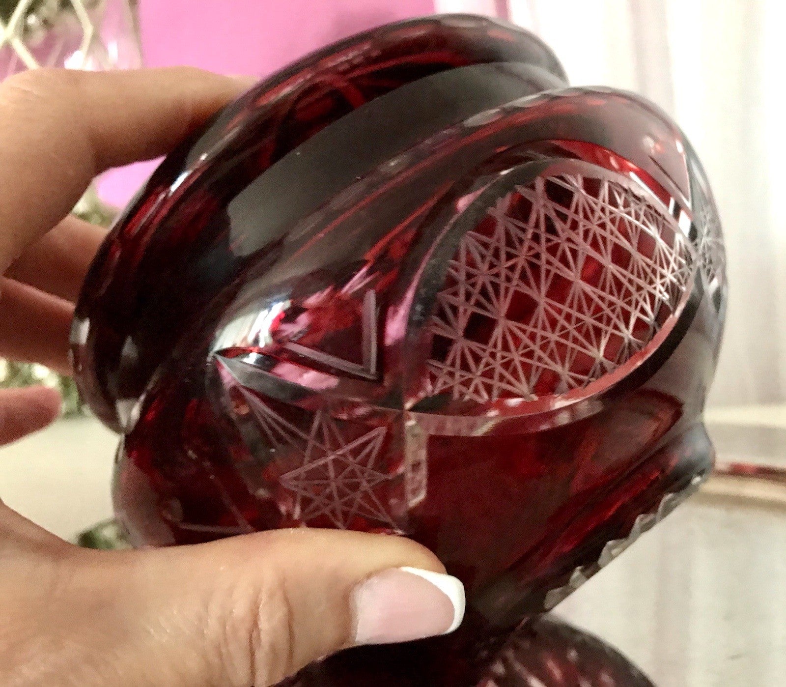 Vintage EDEL Glasdose Deckeldose Bonboniere Kristallglas Schliff Rubin Rot