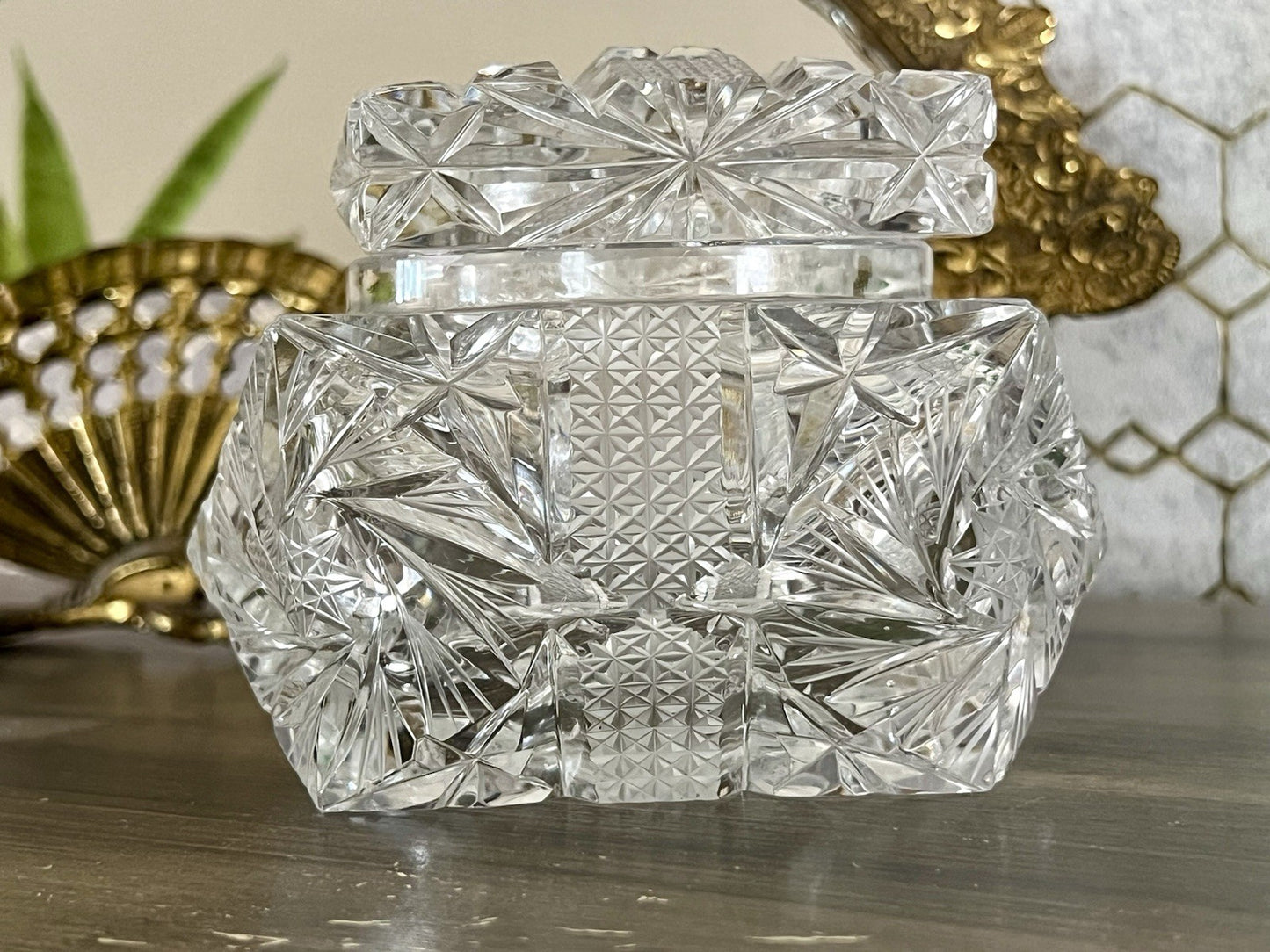 Antik Vintage Art Deco EDEL Glasdose Deckeldose Schatulle Kristallglas Schliff