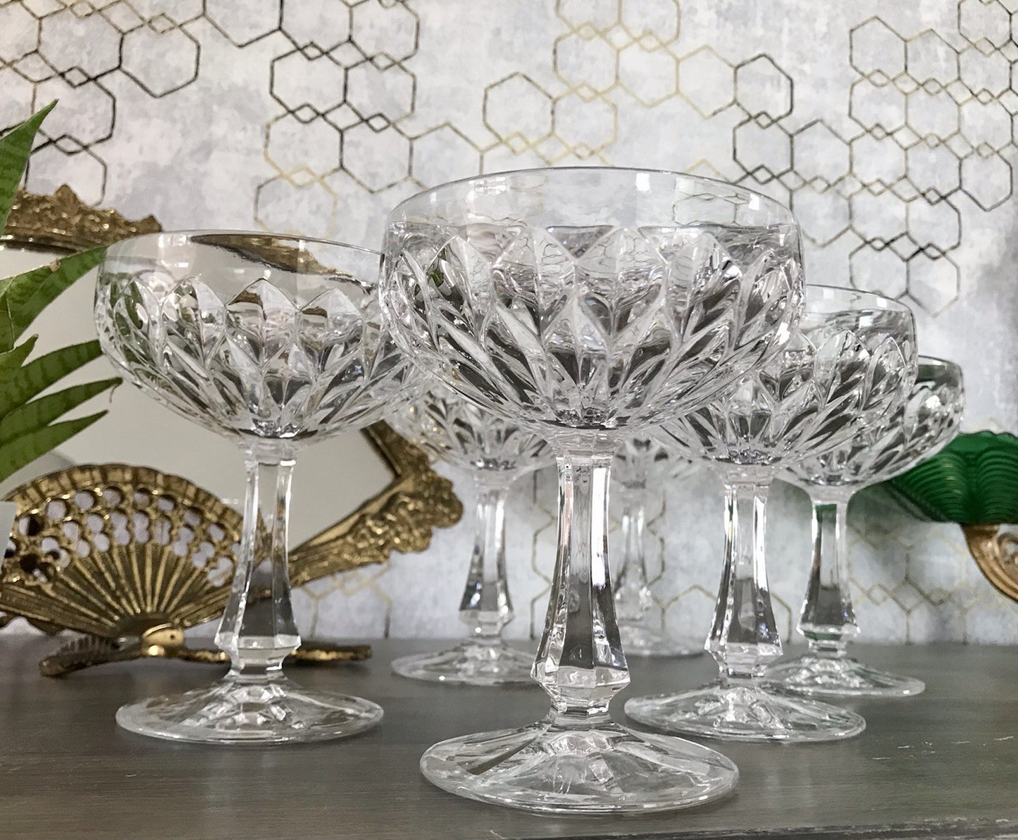 Vintage 9x Champagnerschalen Sektschalen Kristallglas Schliff Bleikristall