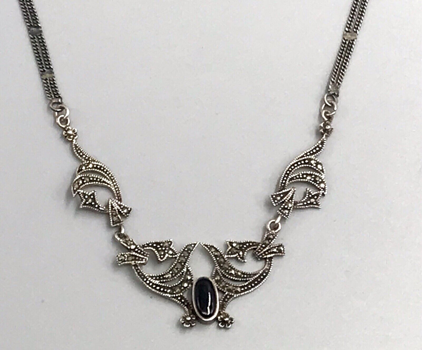 Antik Edel Jugendstil Art Déco 925 Silber Collier Halskette mit Onyx & Markasite