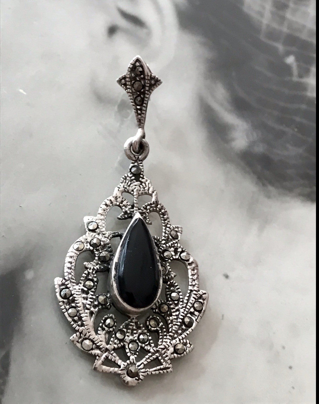 Antik Art Déco Wundervoll Ohrhänger Ohrringe DAMEN Silber 925 Onyx Markasite