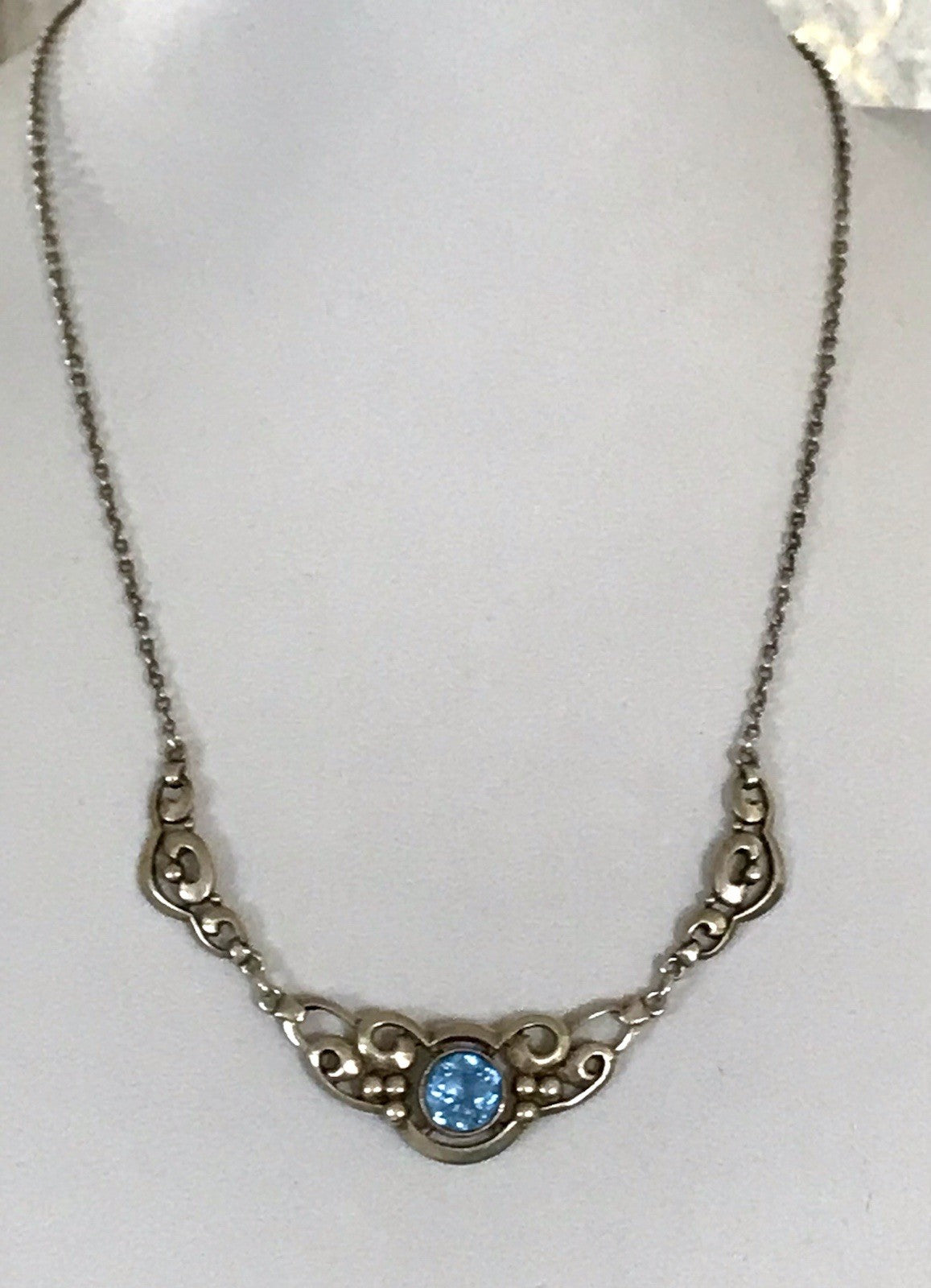 Antik 835 Sterling Silber Collier Halskette Kette Blauer Stein FBM