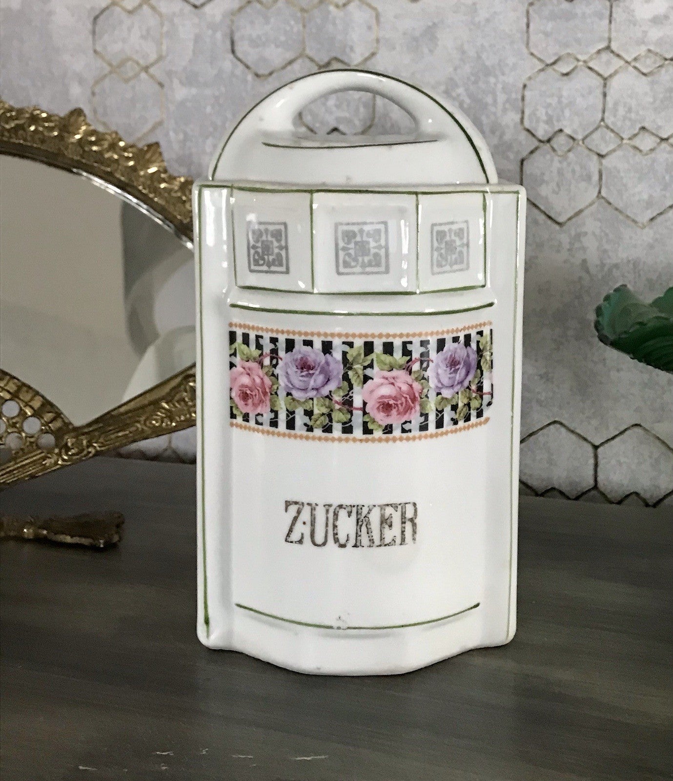 Antik Porzellan Dose Vorratsgefäß Vorratsdose Zucker Rosen Jugendstil Art Déco