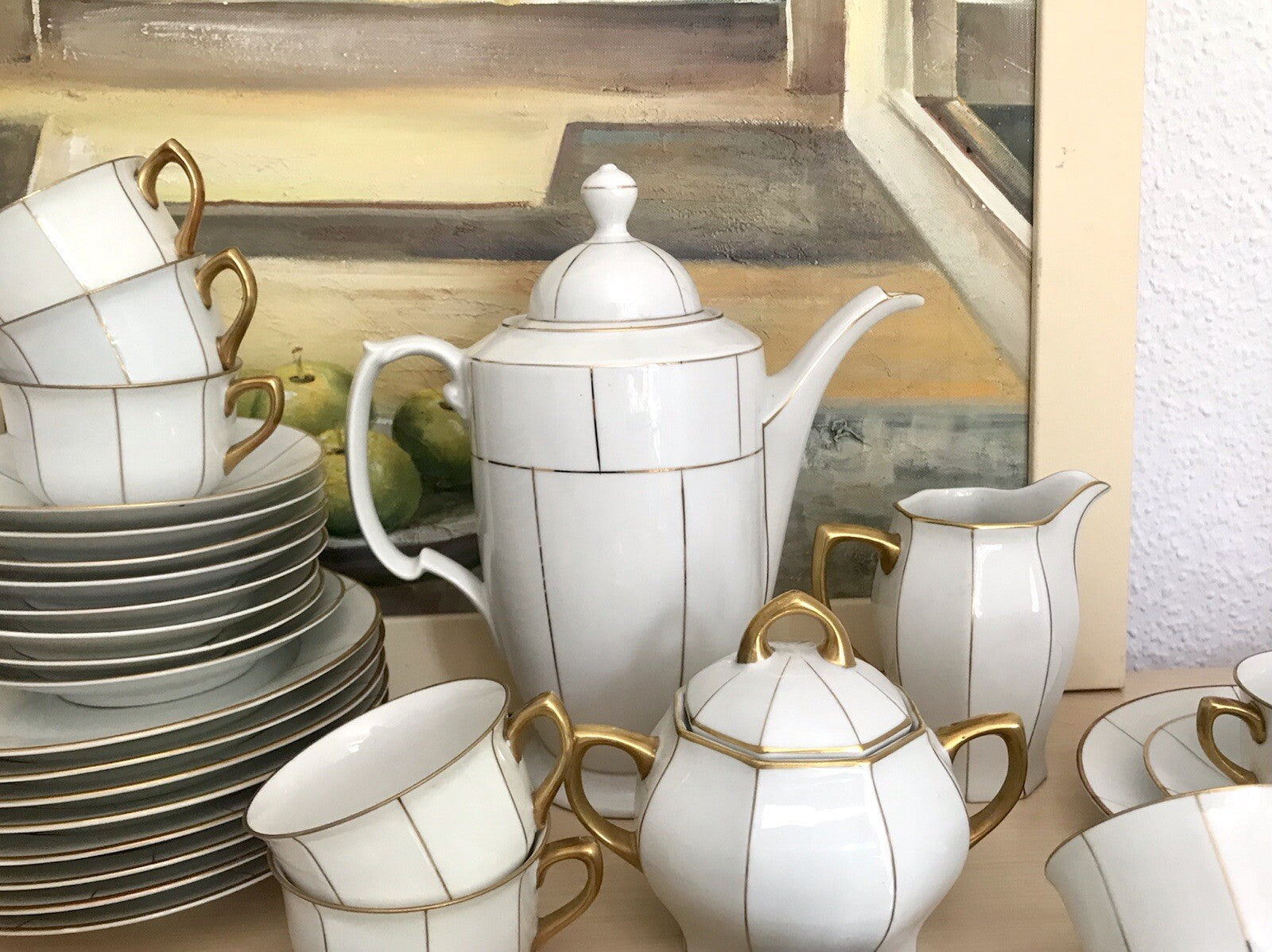 Antik Art Déco Porzellan 10+ Personen Kaffeeservice EDEL weiß Golddekor kantig