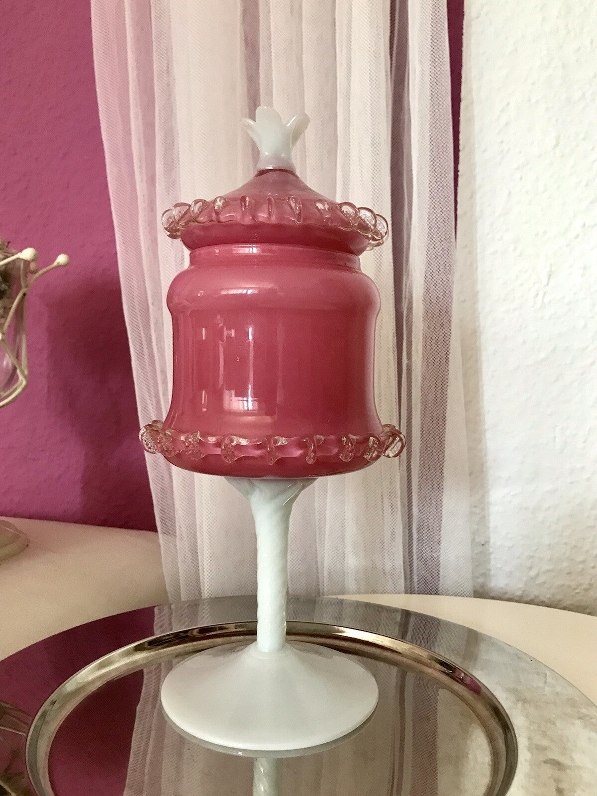 Vintage 60er Empoli Fußschale Schale Bonboniere rosa weiß Deckelvase Designer
