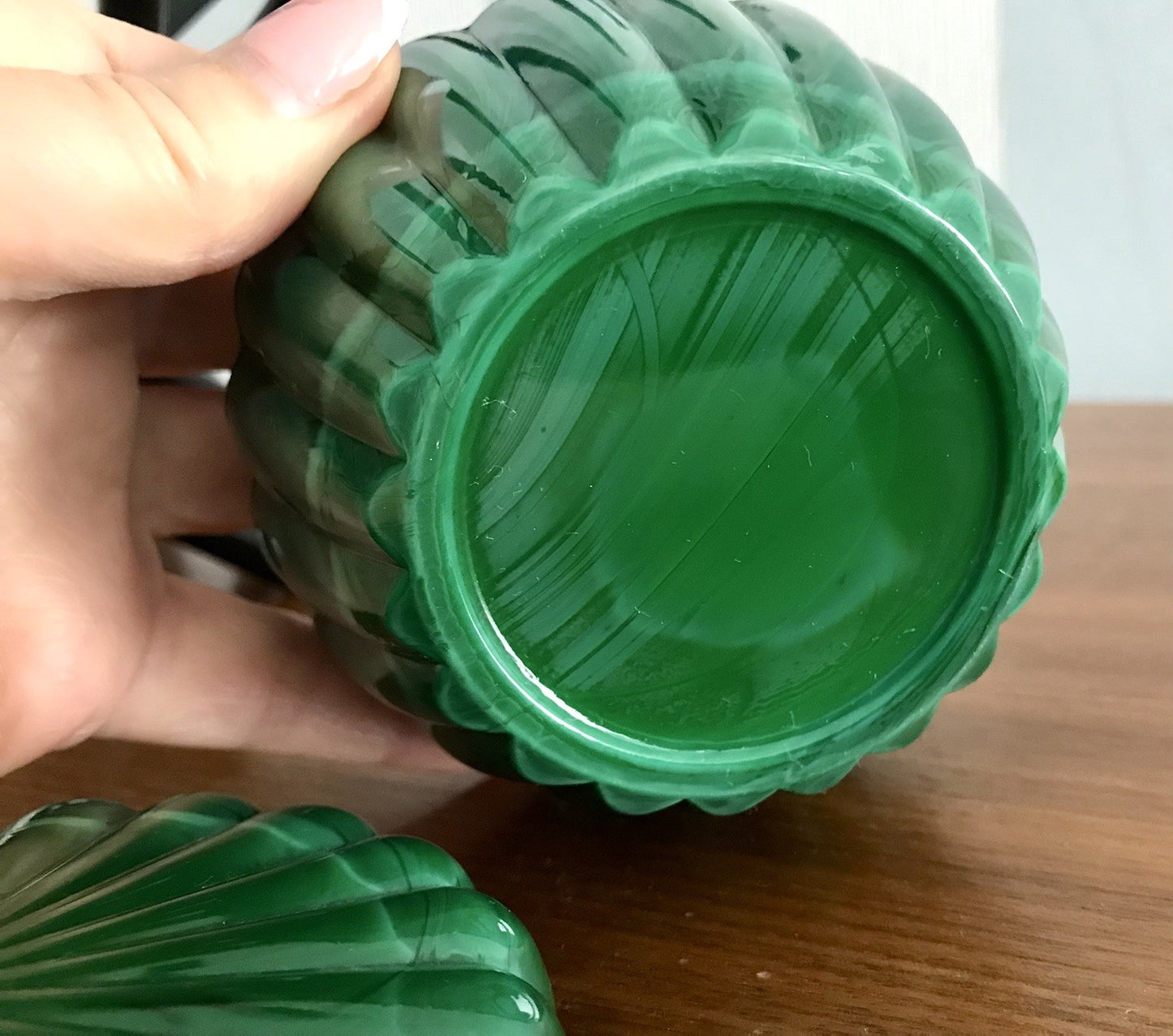 Antik Art Déco Glas Glasdose Deckeldose Glas Malachitglas Böhmen