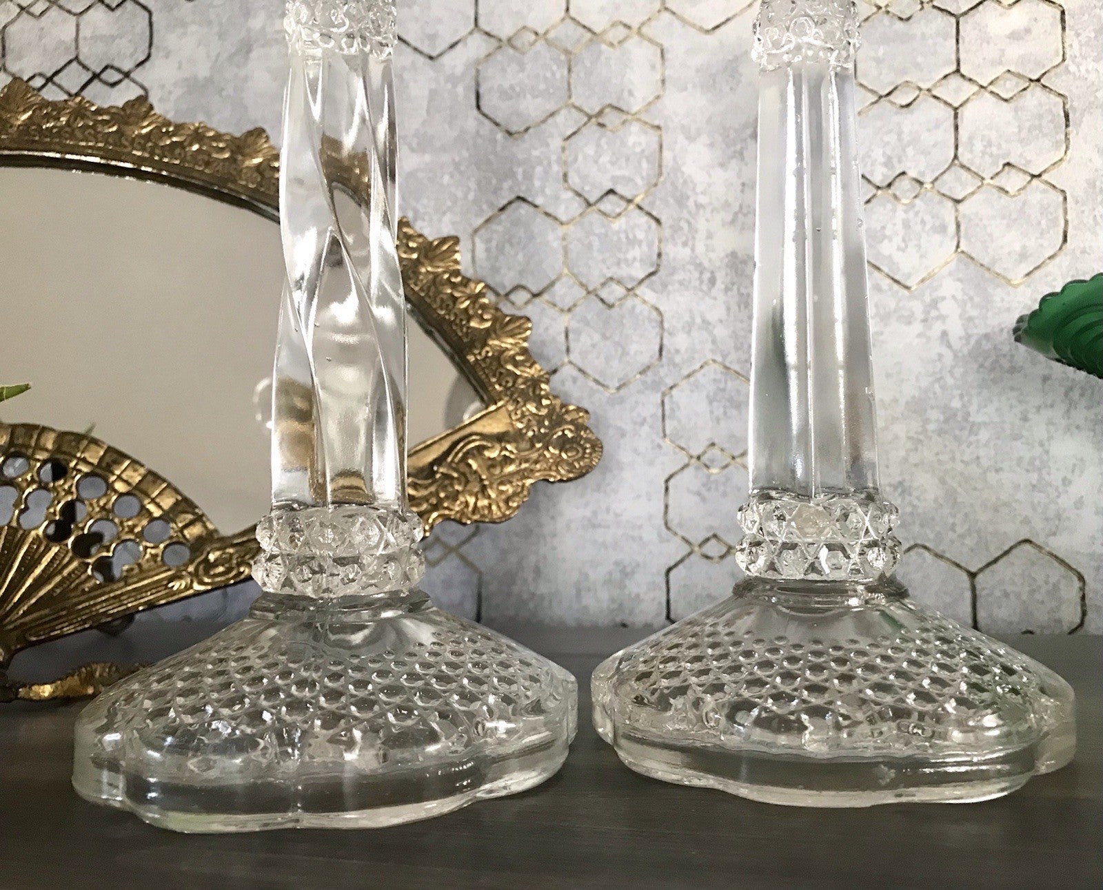 Antik Art Déco 2x Kerzenleuchter Leuchter Kerzenständer Pressglas Glas