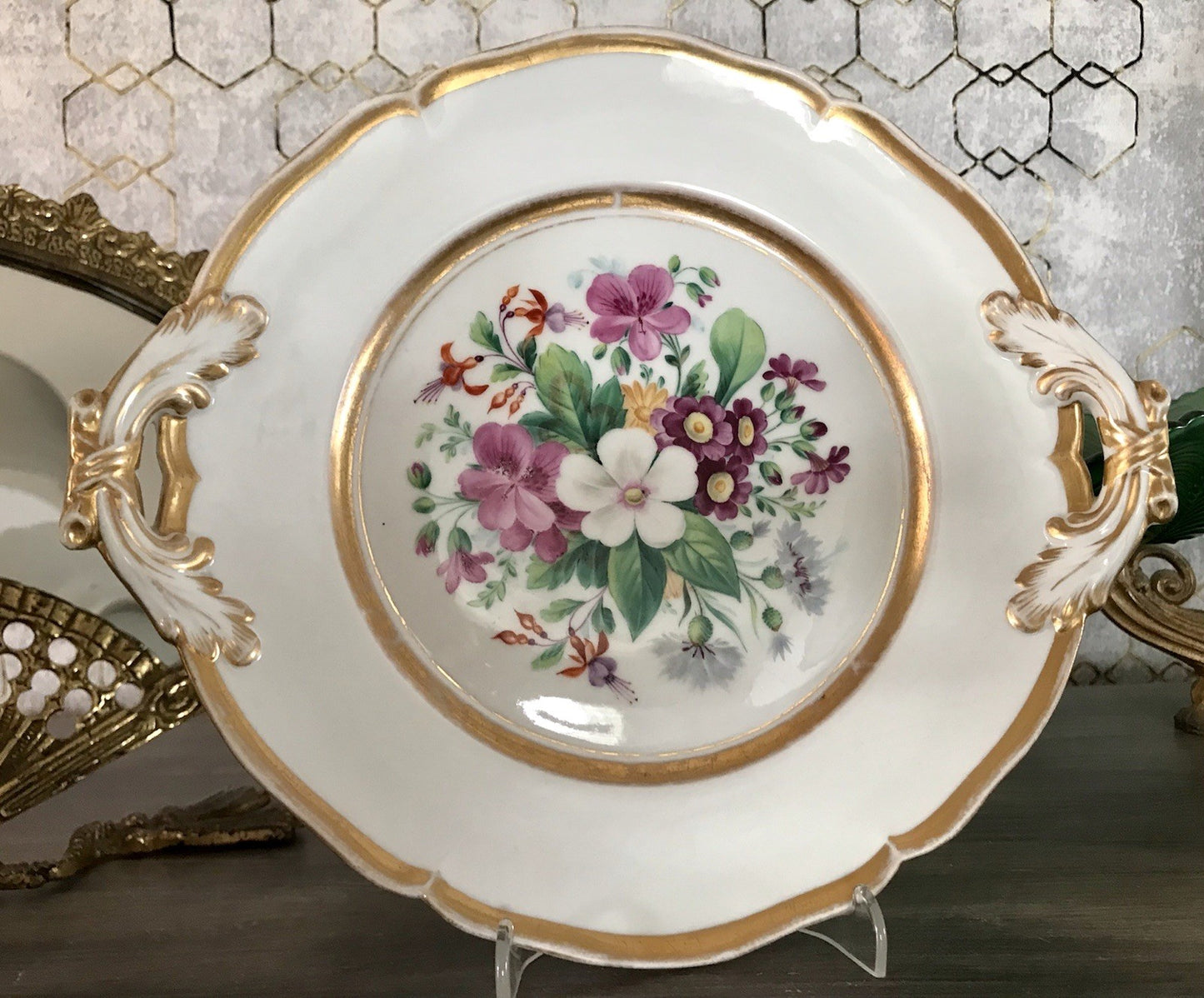 Antik Tielsch Porzellan Schale Zierschale Prunkschale um 1860 Blumenmalerei