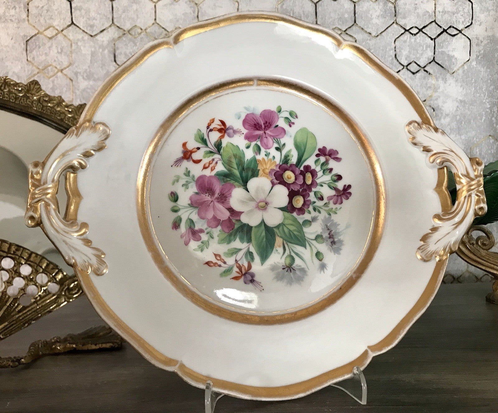 Antik Tielsch Porzellan Schale Zierschale Prunkschale um 1860 Blumenmalerei