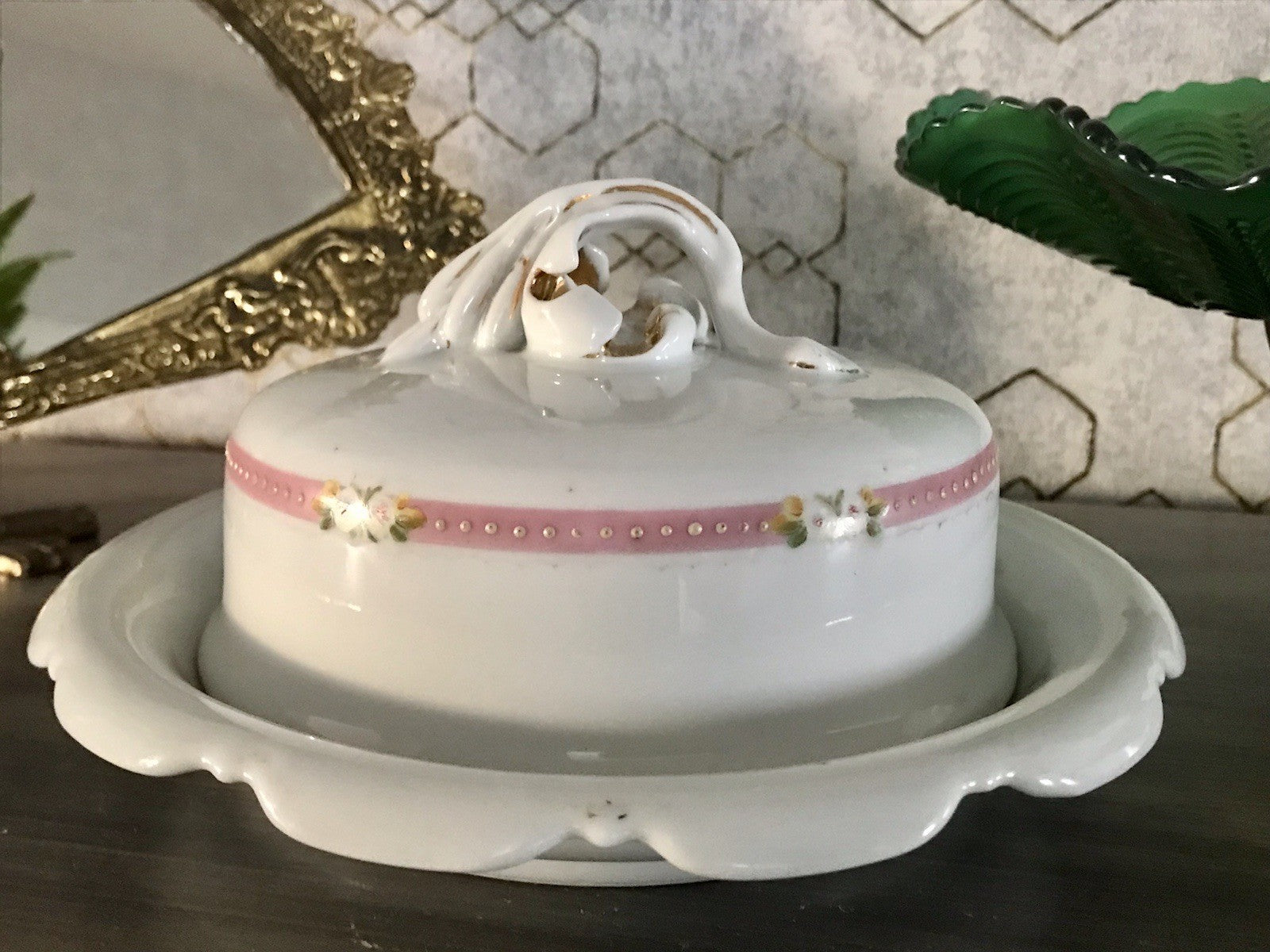 Antik Biedermeier Porzellan Butterdose Dose Handbemalung weiß rosa gold