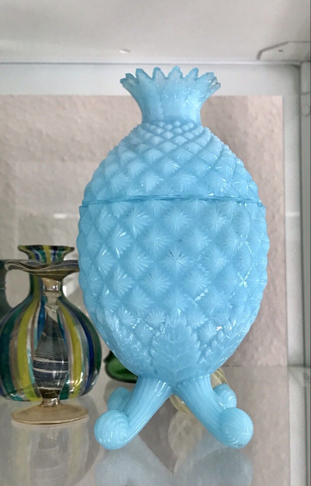 Antik Jugendstil Ananas Glasdose Dose Opalglas Deckeldose blau Pressglas SCHÖN!