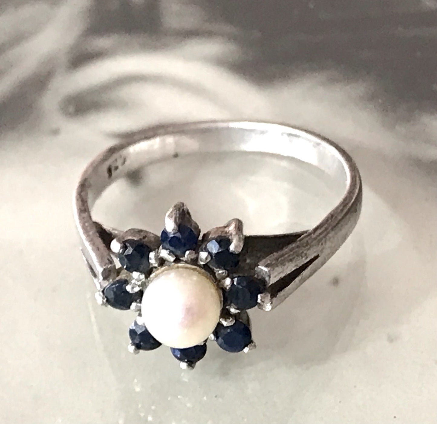 Antik? Vintage Art Déco Damen Ring Perle Spinell ? Saphir? Silber 925 Gr.57 18,1