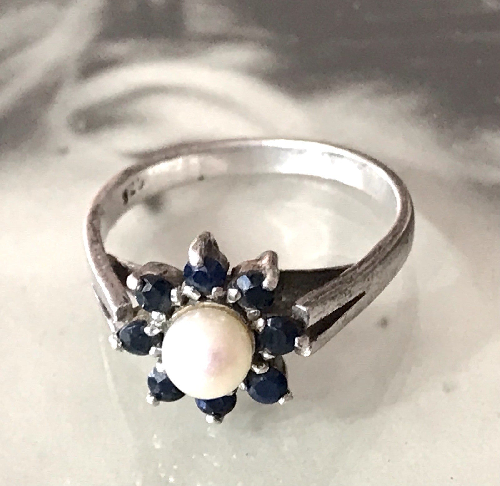 Antik? Vintage Art Déco Damen Ring Perle Spinell ? Saphir? Silber 925 Gr.57 18,1