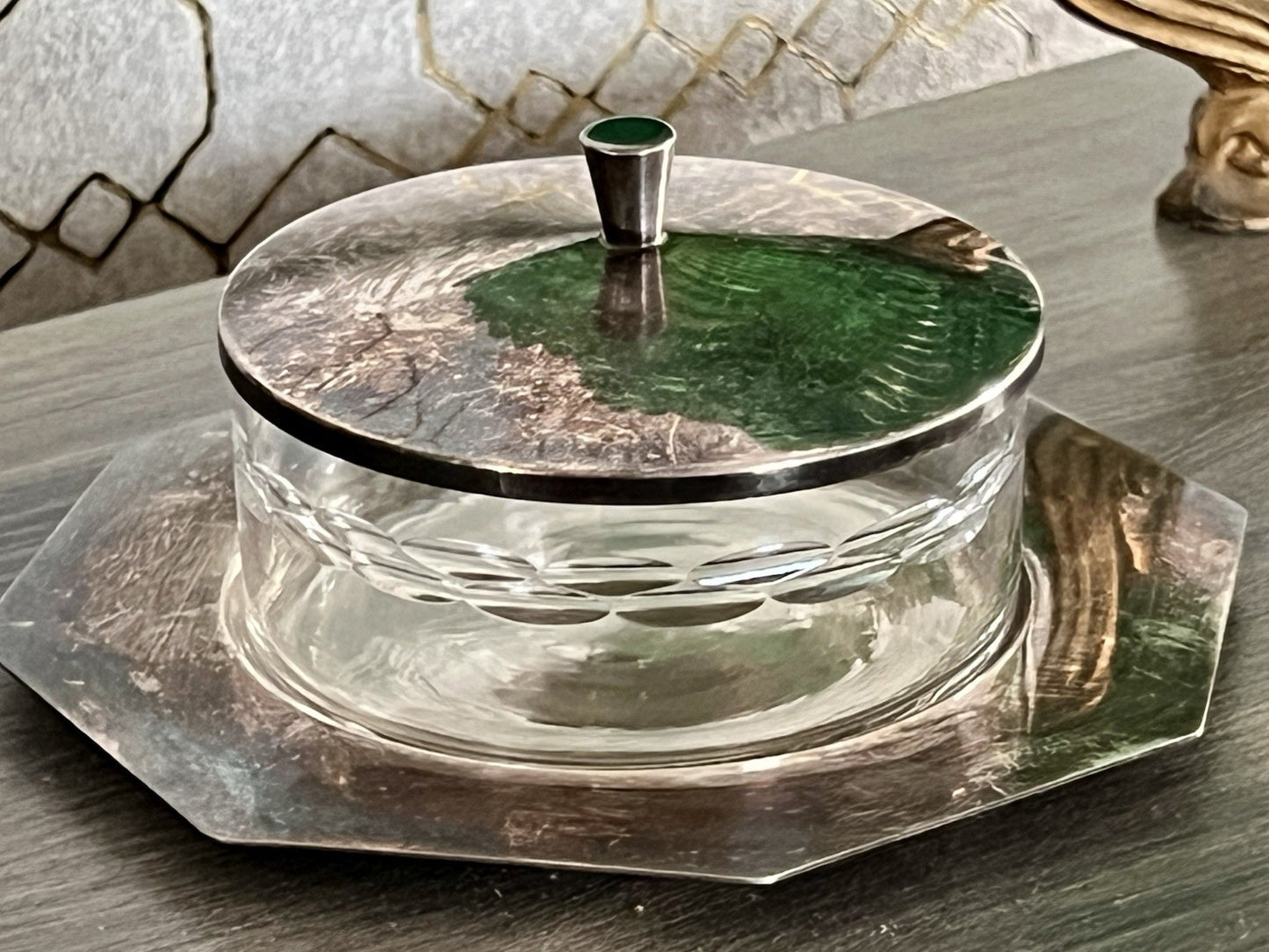 Antik WMF Art Déco Butterdose Dose versilbert Deckeldose Glaseinsatz geschliffen