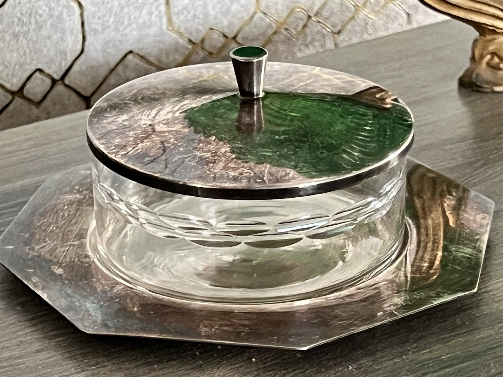 Antik WMF Art Déco Butterdose Dose versilbert Deckeldose Glaseinsatz geschliffen