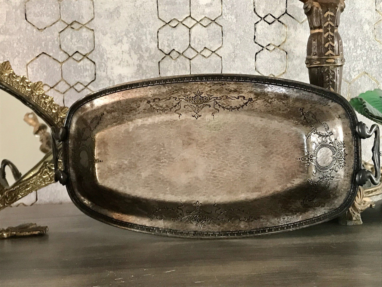 Antik Schale versilbert Art Nouveau Jugendstil  um 1900 oval Handhaben Relief