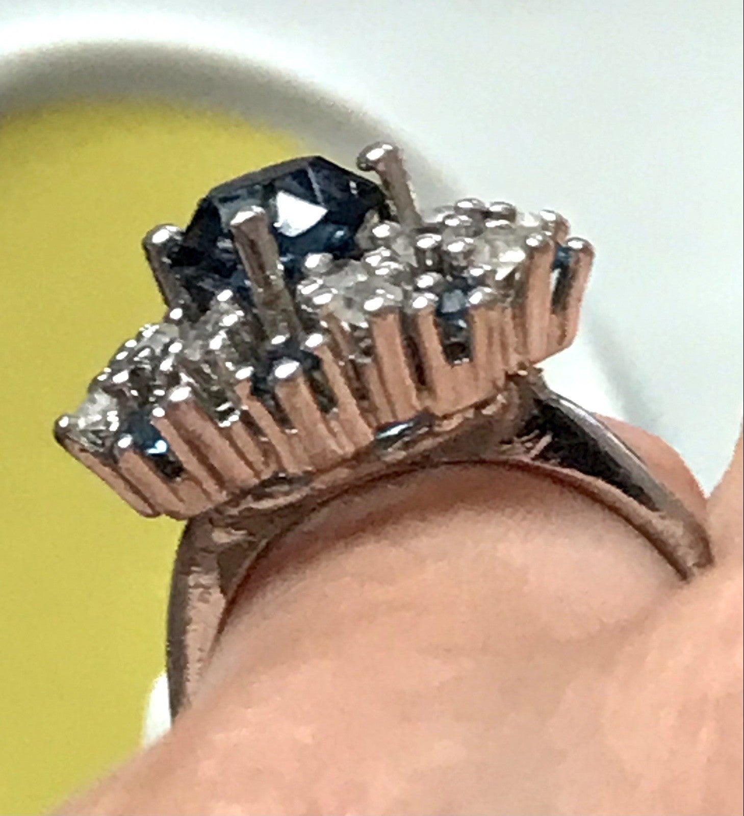 Vintage Entourage Halo Ring farblose Steine & Saphir Silber 835  ~Gr.55 17,5