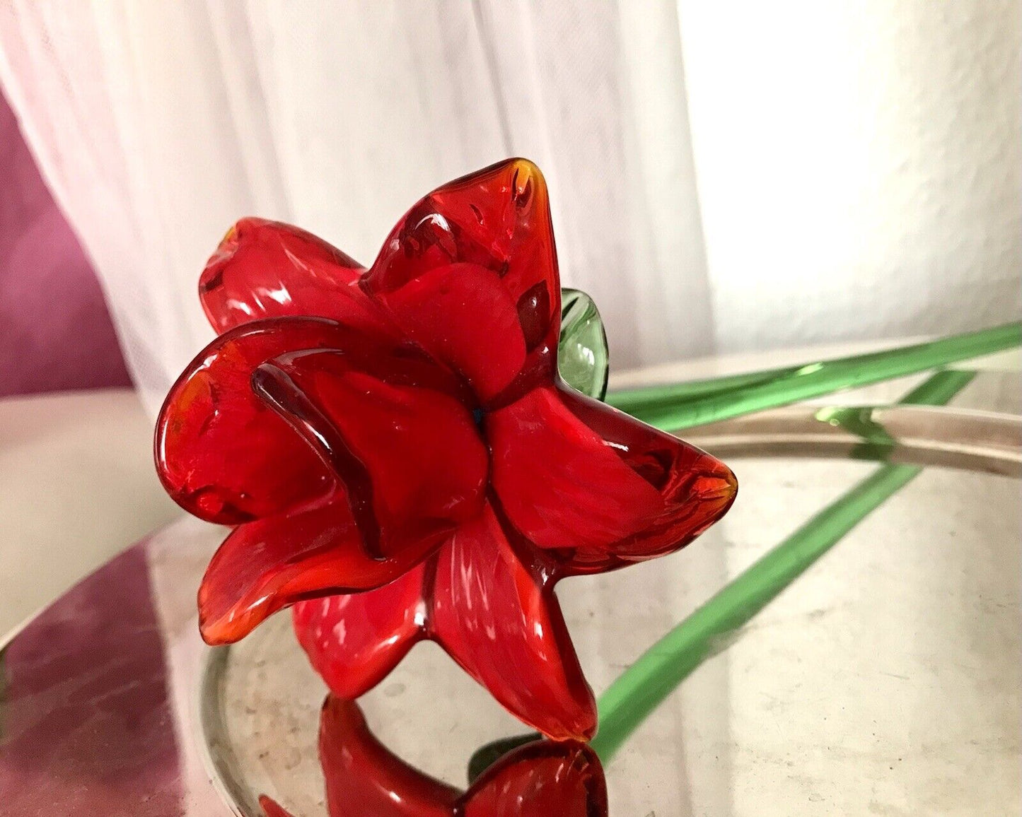 Vintage Murano ? 60er Jahre Glas Blume rote Rose mit Stiel ca. 50 cm lang