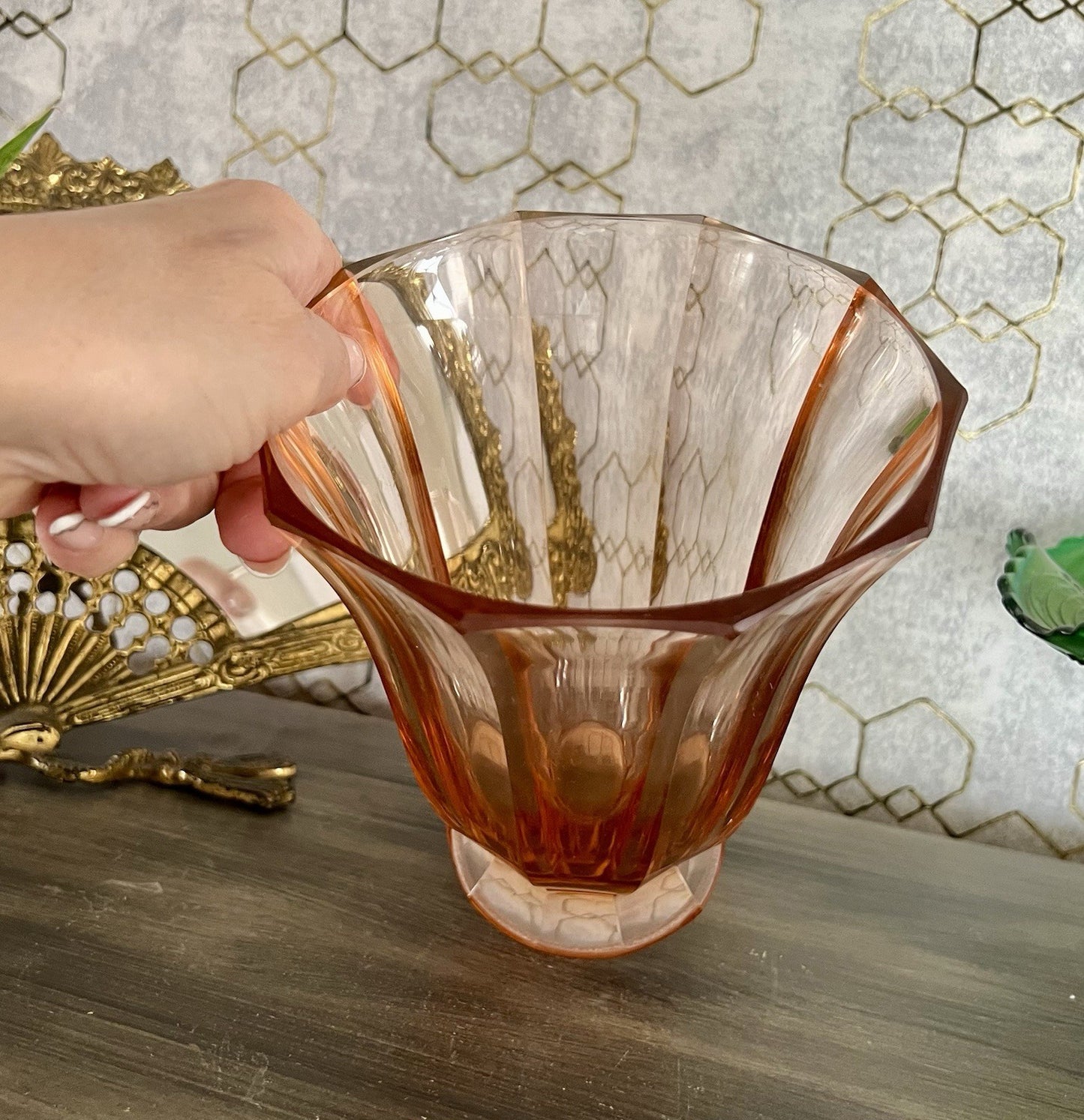 Antik Art Déco Vase Glasvase geschliffen rosa Rosalin Glas
