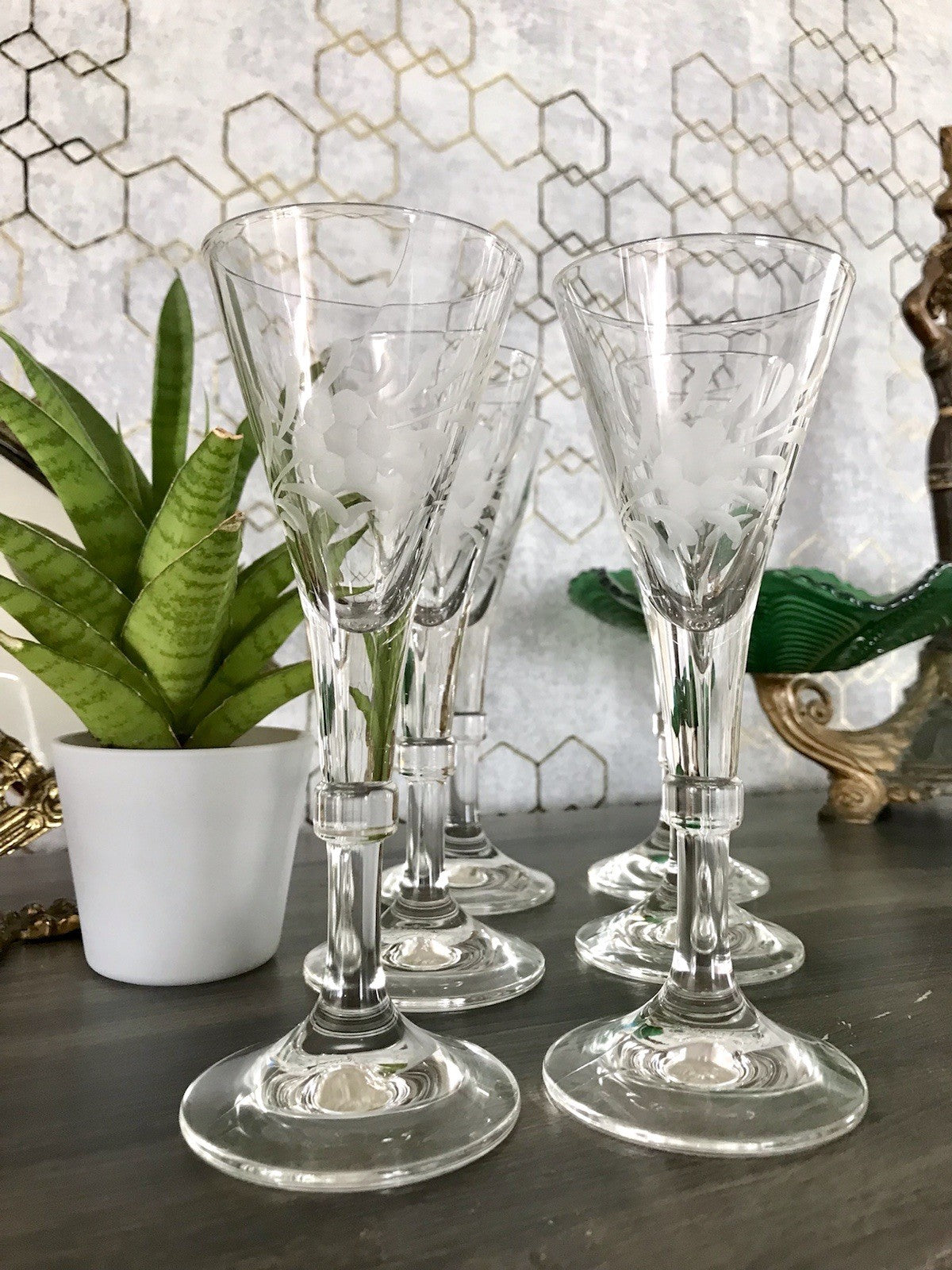 Antik Alt 6 Cherrygläser Gläser Kristallglas graviert