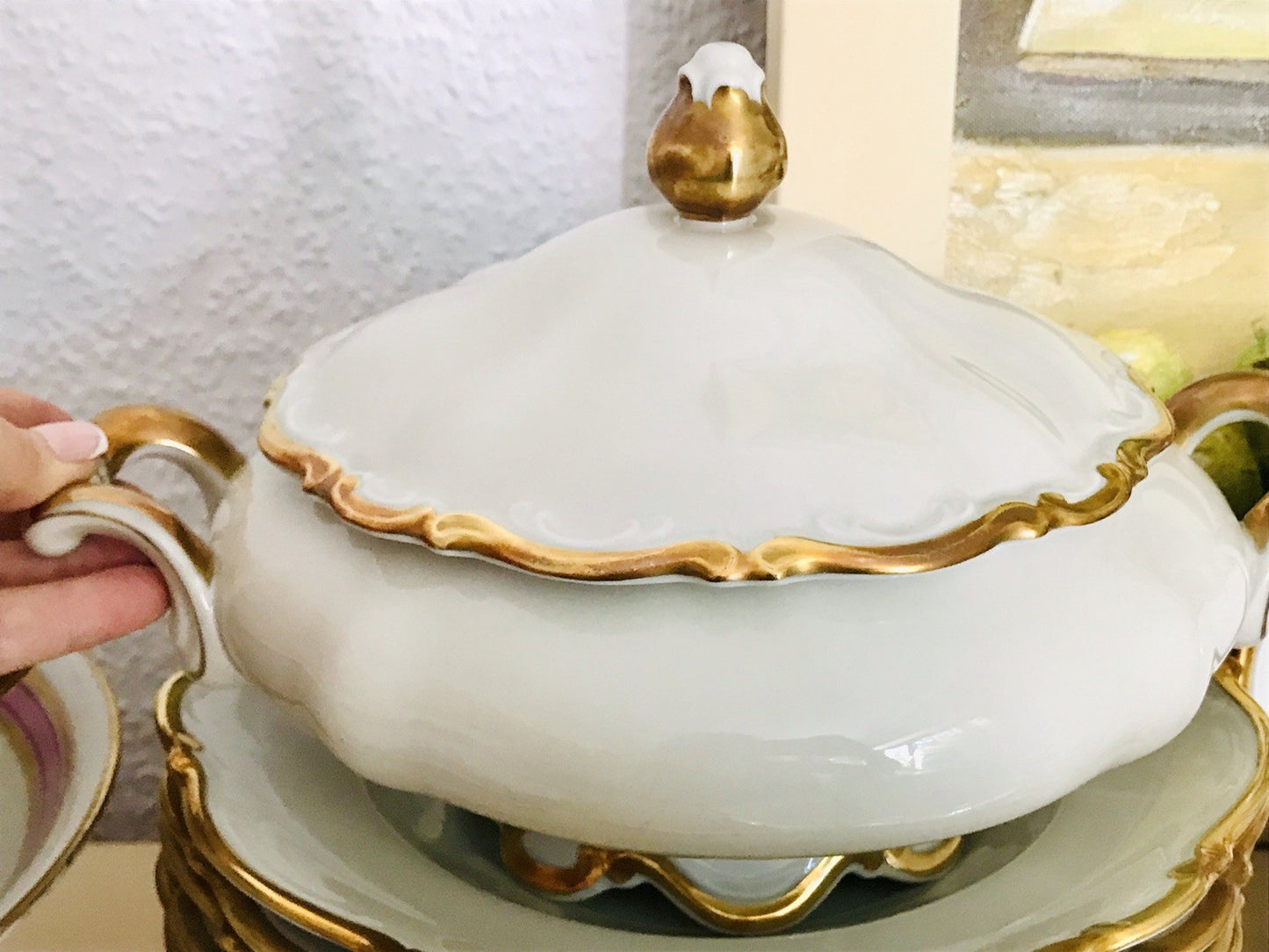 Antik Art Déco Porzellan Tafelservice goldene Ranke EDEL Mitterteich 12 Personen