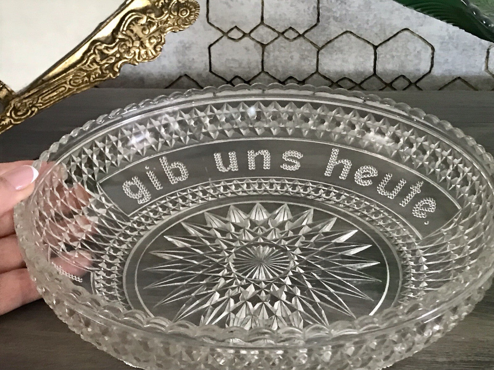 Art Déco Pressglas Schale Antik Brotschale Unser täglich Brot gib uns heute Glas