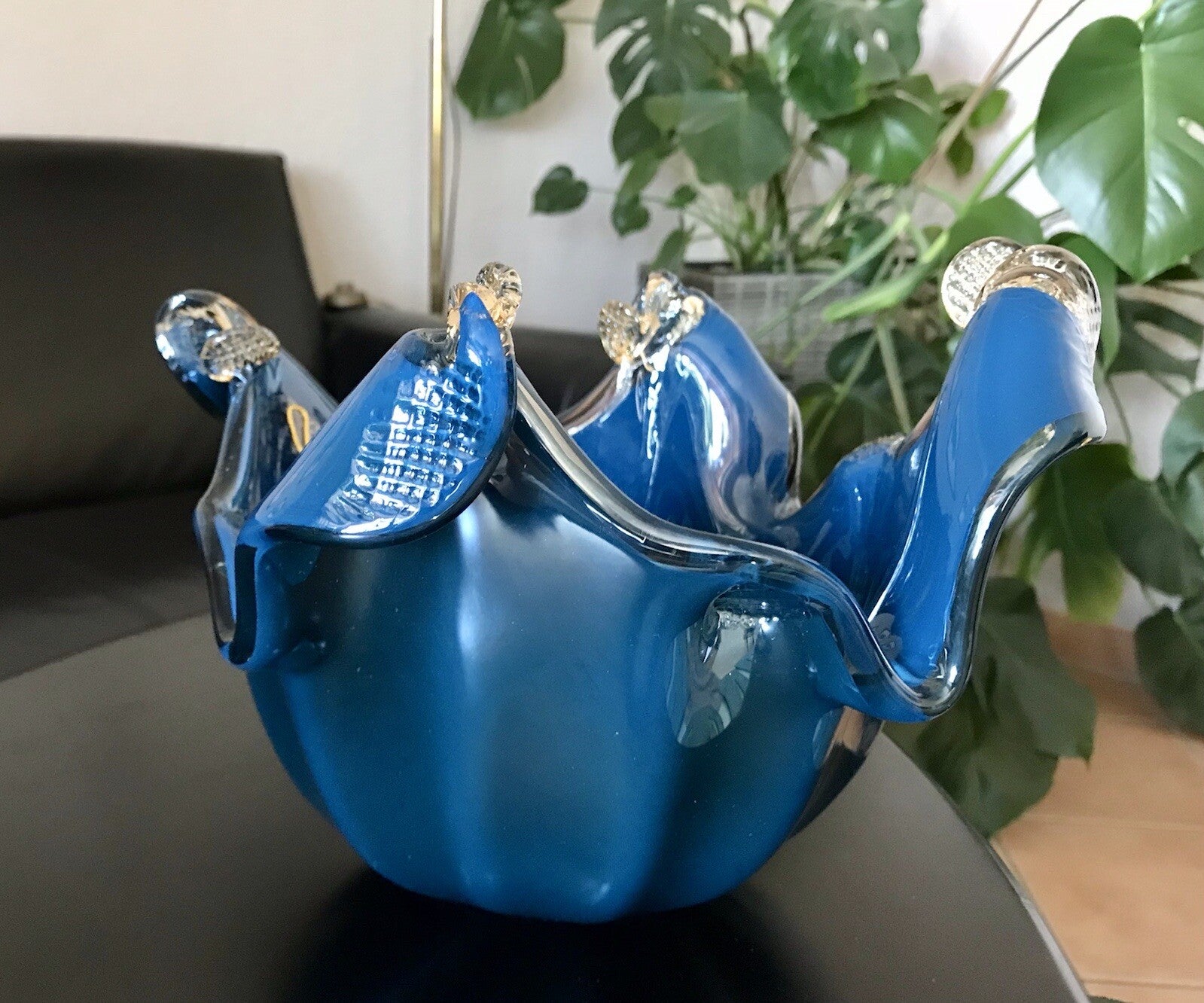Vintage Murano Schale Vase Glas Petrol Blau metallic irisierend Edel Aufkleber