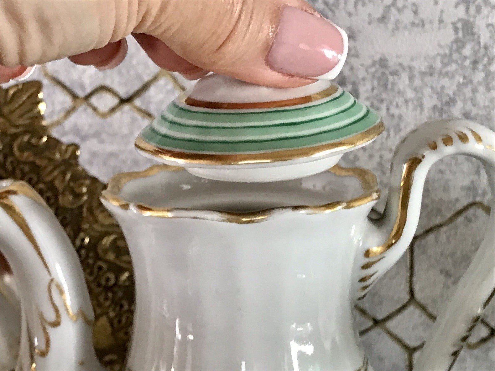 Antik Historismus Porzellan Kaffeeservice Mokkaservice weiß grün Schumann Moabit