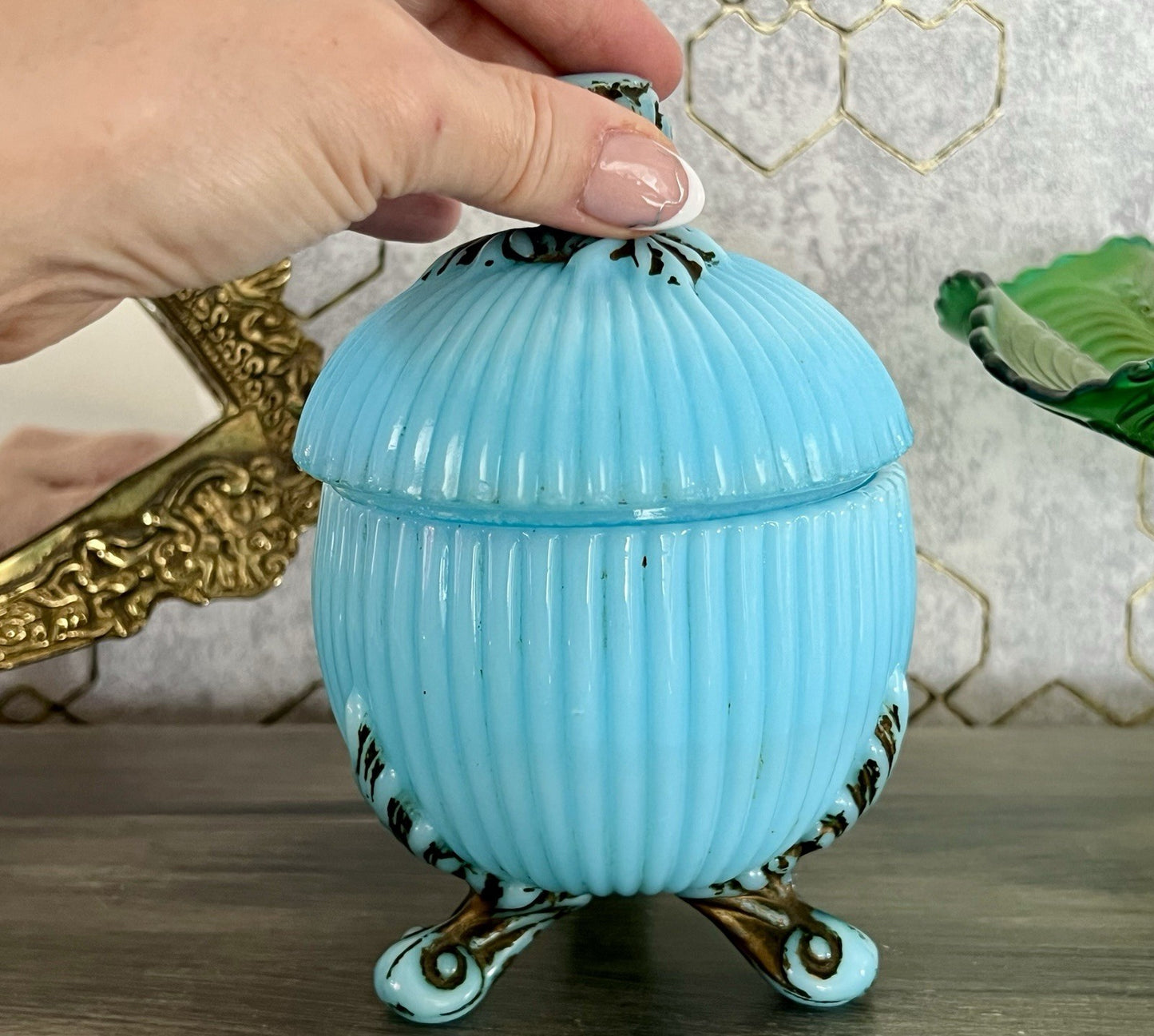 Antik Jugendstil Glasdose Kugel Dose Opalglas Deckeldose blau Pressglas SCHÖN!