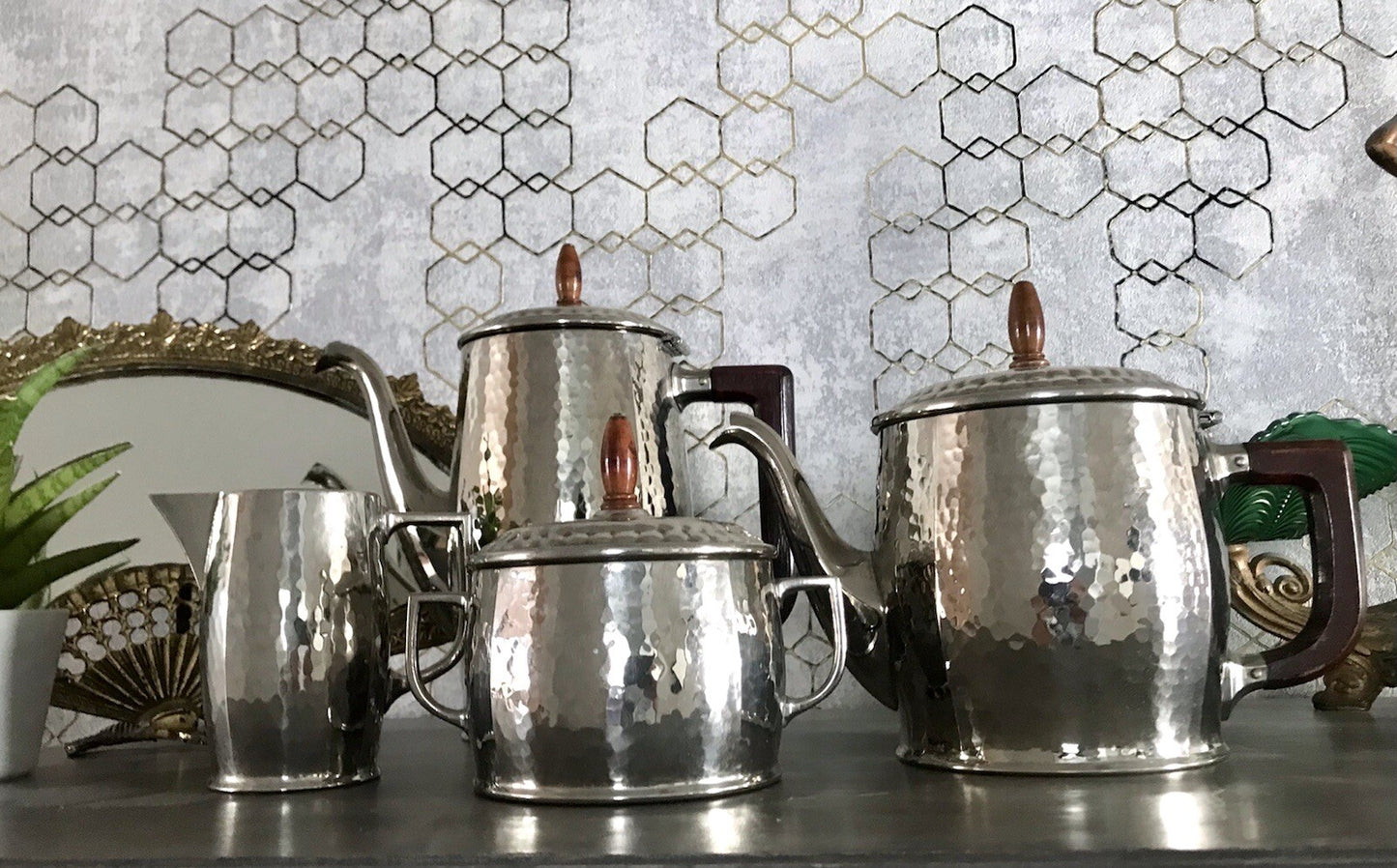 Antik WMF Jugendstil Kaffee Kernstück Zuckerdose Rahmgießer 2 Kanne Hammerschlag