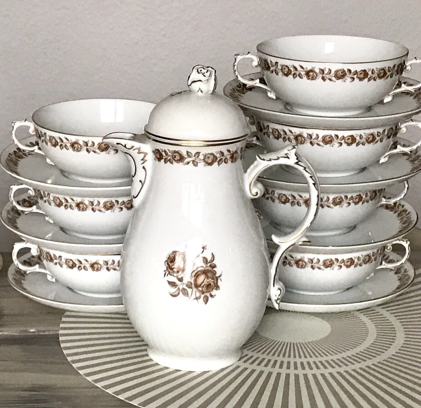 Vintage Porzellan Kaffeekanne Fürstenberg braune Rosenkante