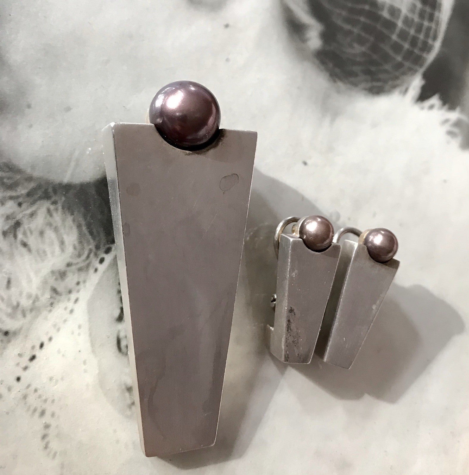 Damen Set Designer Schmuck Anhänger Ohrringe Silber 925 NW modernistisch Perle