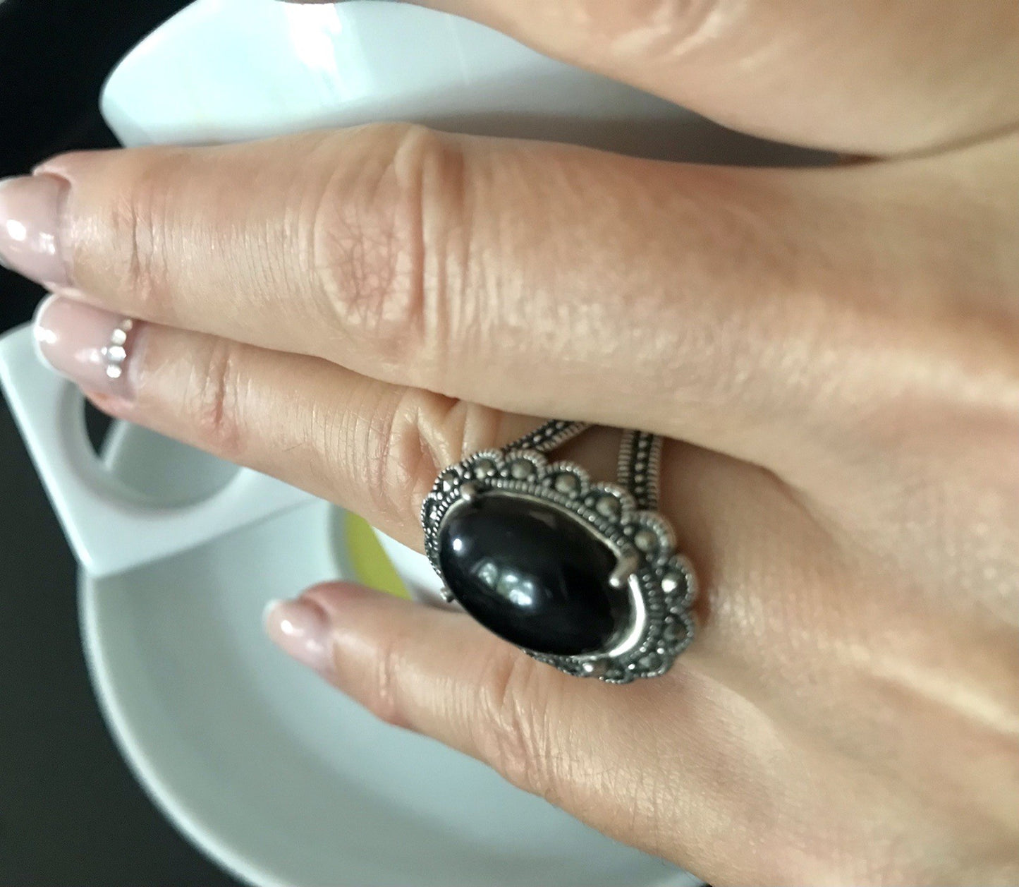 Antik? alt Art Déco Edel Onyx Markasite DAMEN RING Silber 925 Gr.57 18,1