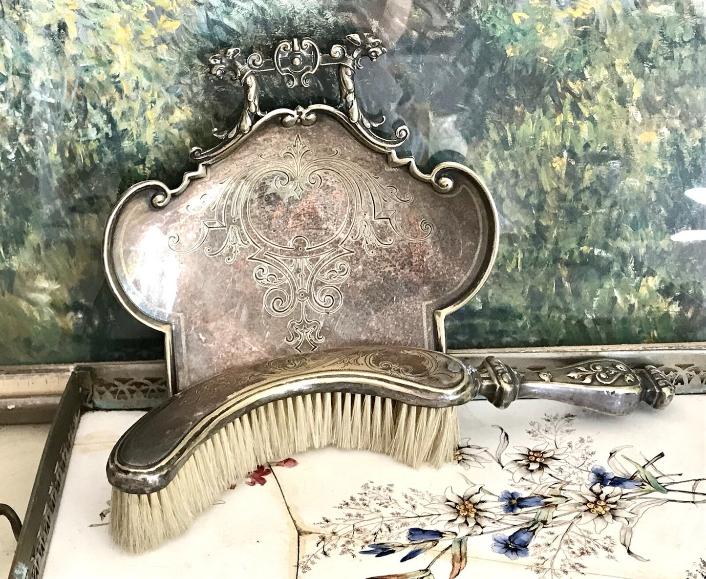 Antik versilbert Jugendstil Tischkehrset Tischkehrer Tisch Krümmelkehrer