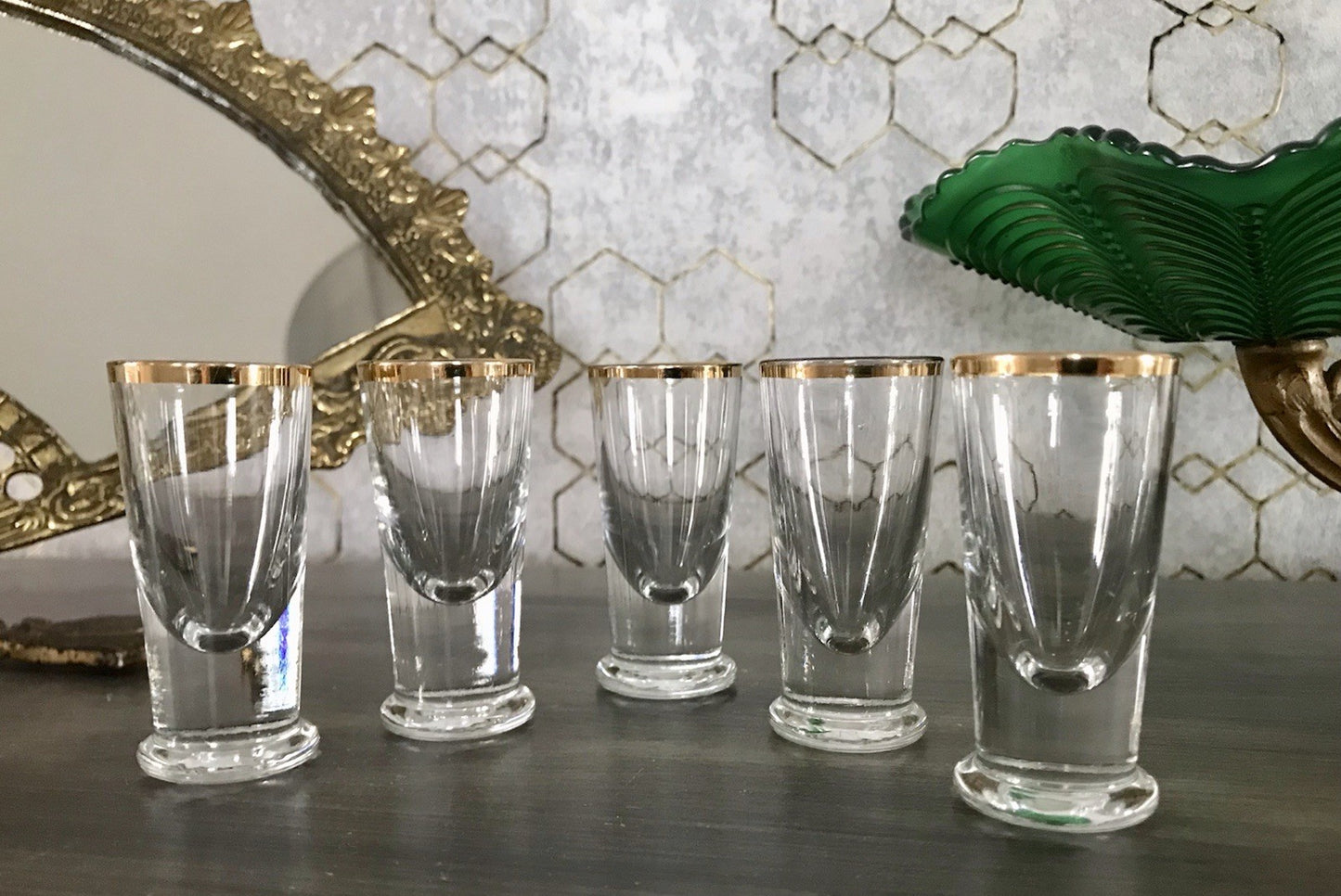 Antik 5 Pinnchen Schnapsgläser Golddekor Glas Biedermeier Likörgläser