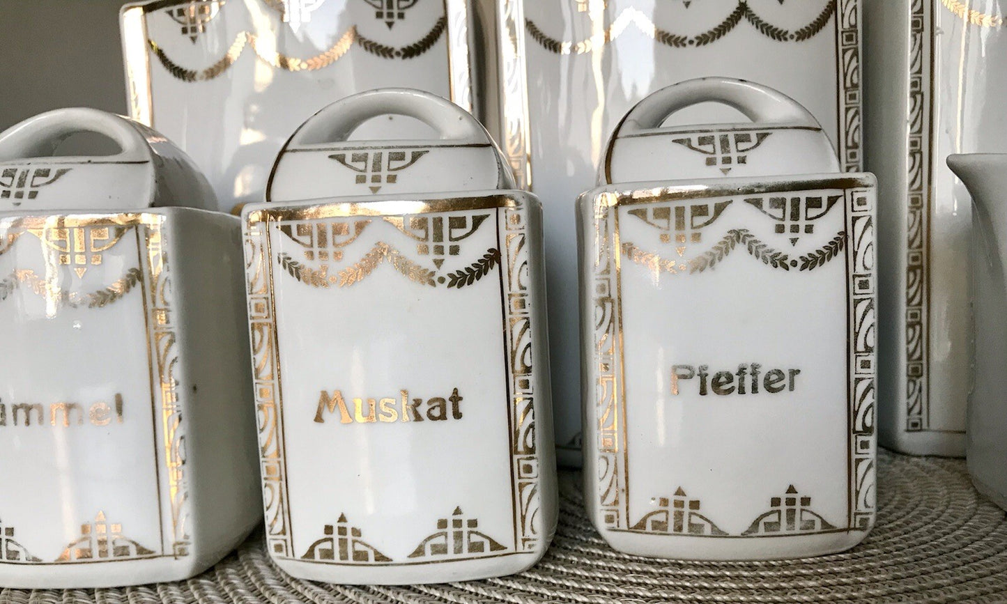 Antik Jugendstil 6 Porzellan Vorratsdosen Gefäße &1 Kännchen Graupen Sago Nudeln