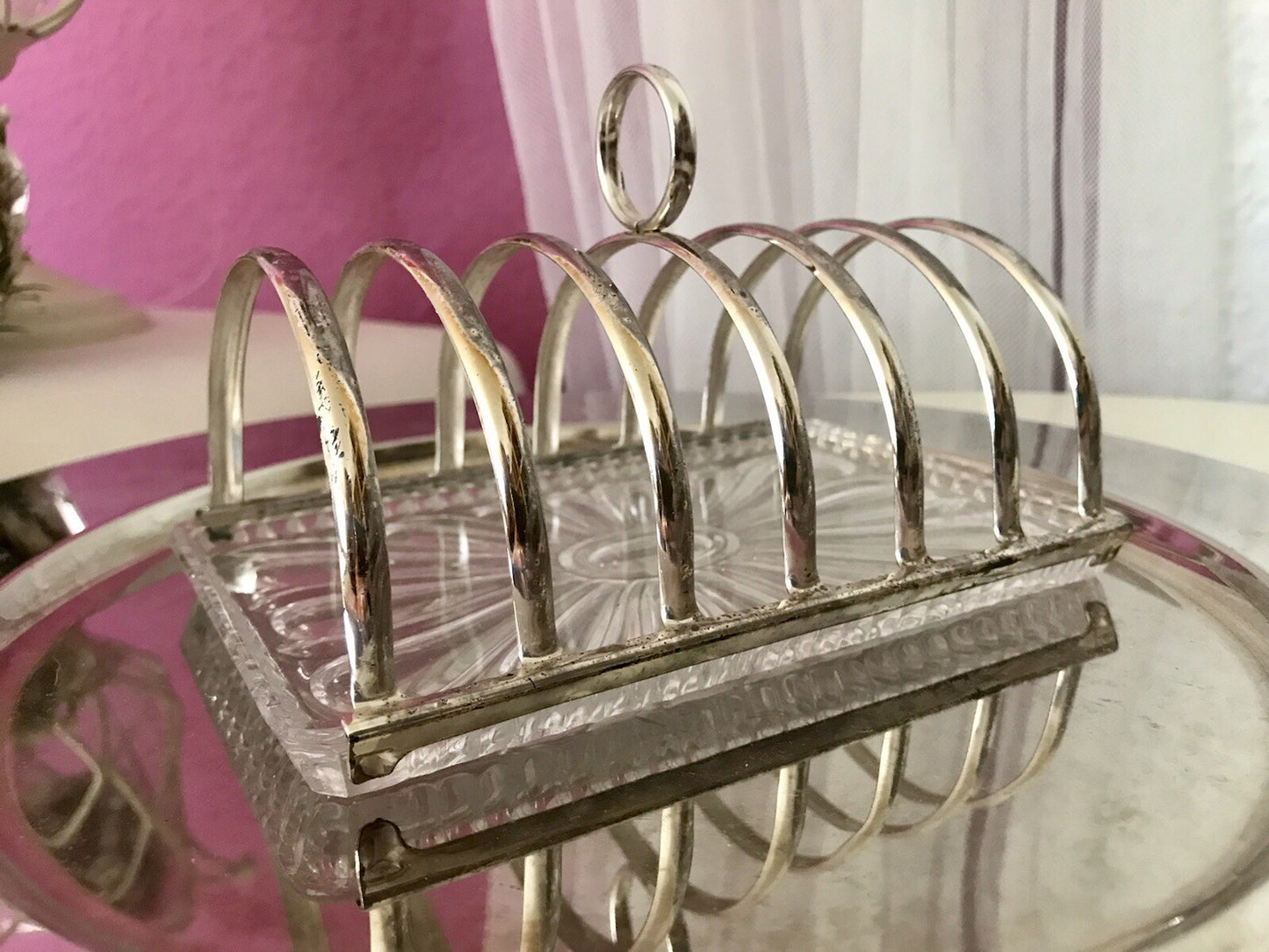 Vintage Toastbrot Ständer Halter versilbert Glaseinsatz Kristallglas 60er Jahre