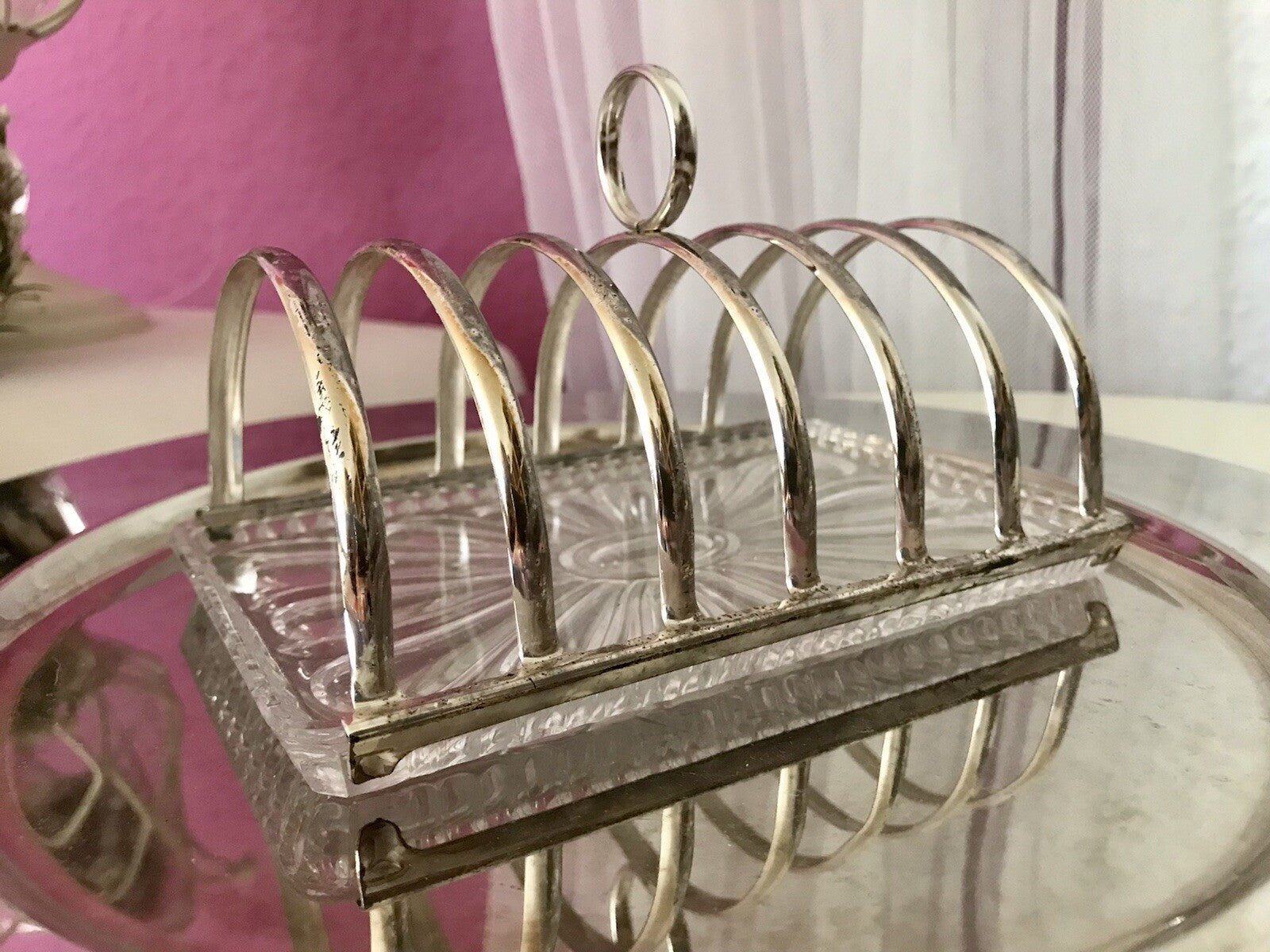 Vintage Toastbrot Ständer Halter versilbert Glaseinsatz Kristallglas 60er Jahre