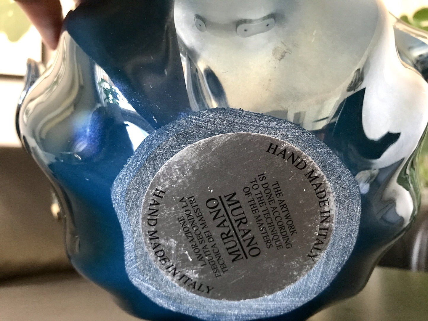 Vintage Murano Schale Vase Glas Petrol Blau metallic irisierend Edel Aufkleber