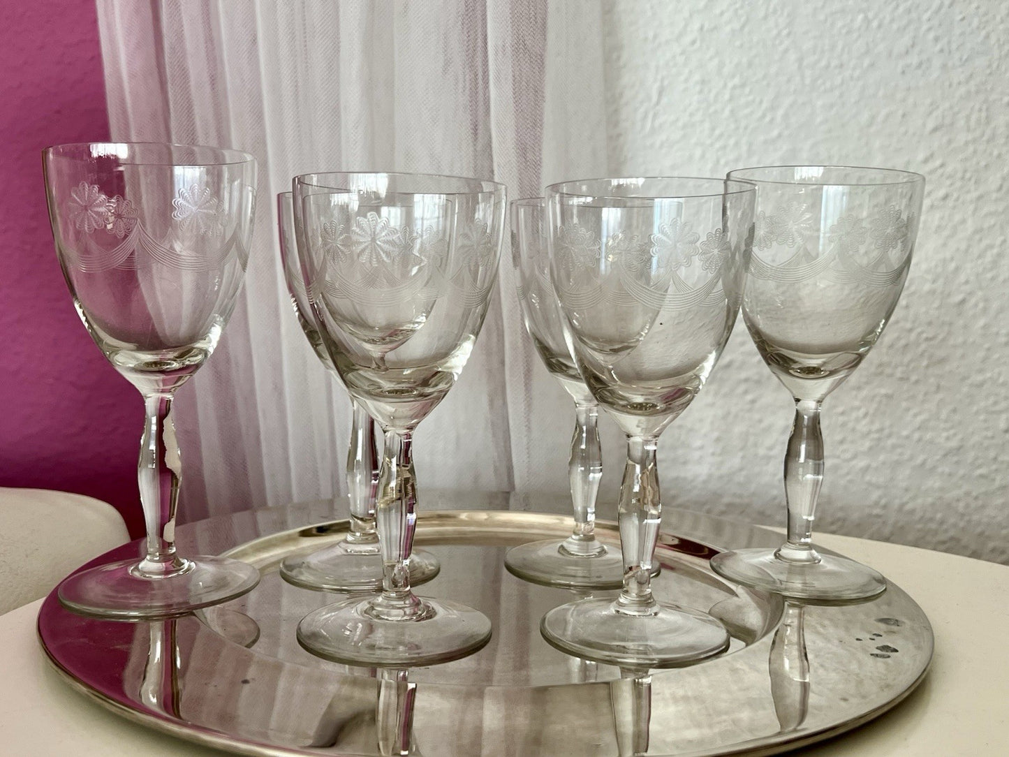Antik 6 Weingläser Glas So Schön! guillochierte  Borte Edel