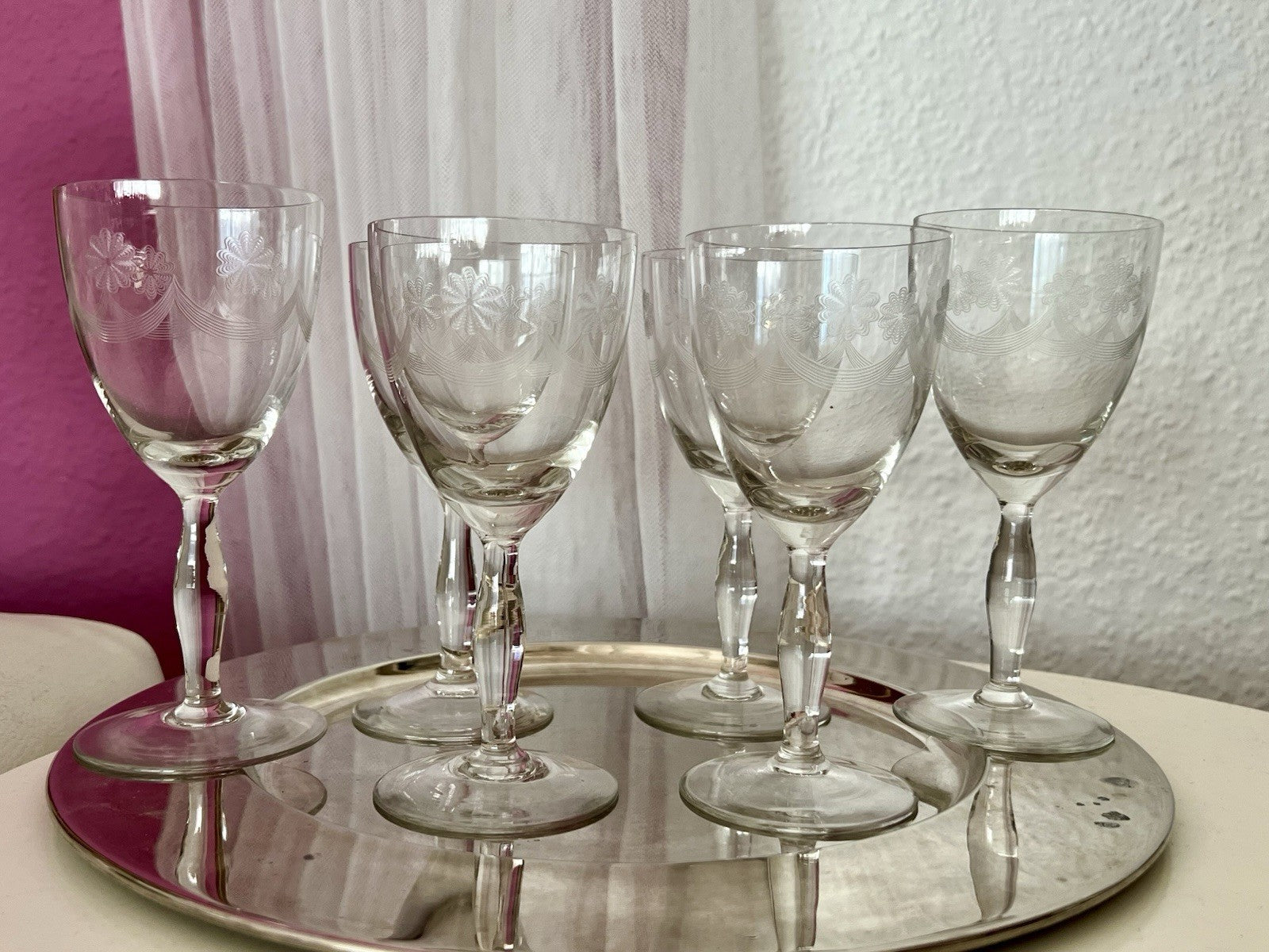 Antik 6 Weingläser Glas So Schön! guillochierte  Borte Edel