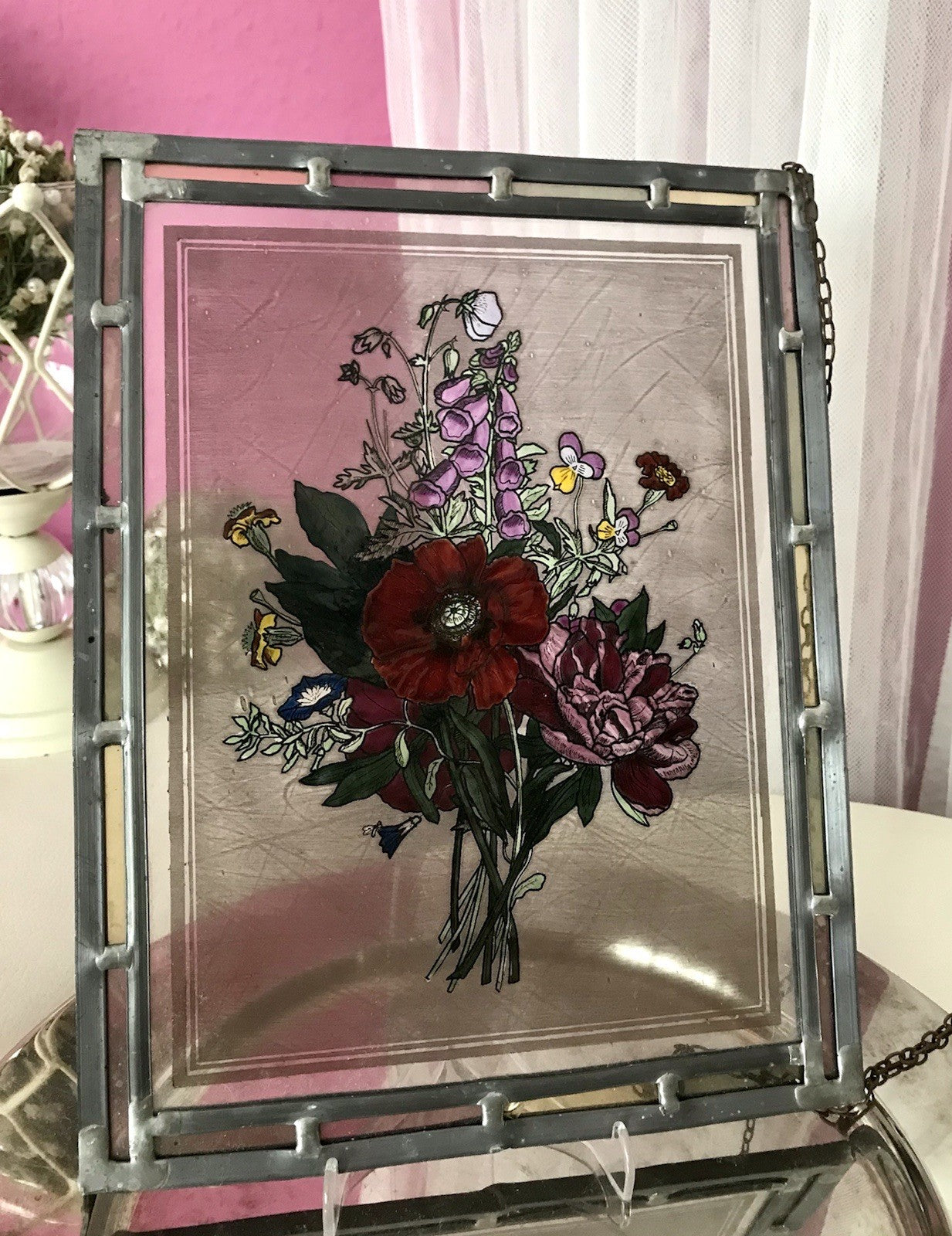 Antik? alt Bleiverglasung Fensterbild Blumenbouquett Glasmalerei