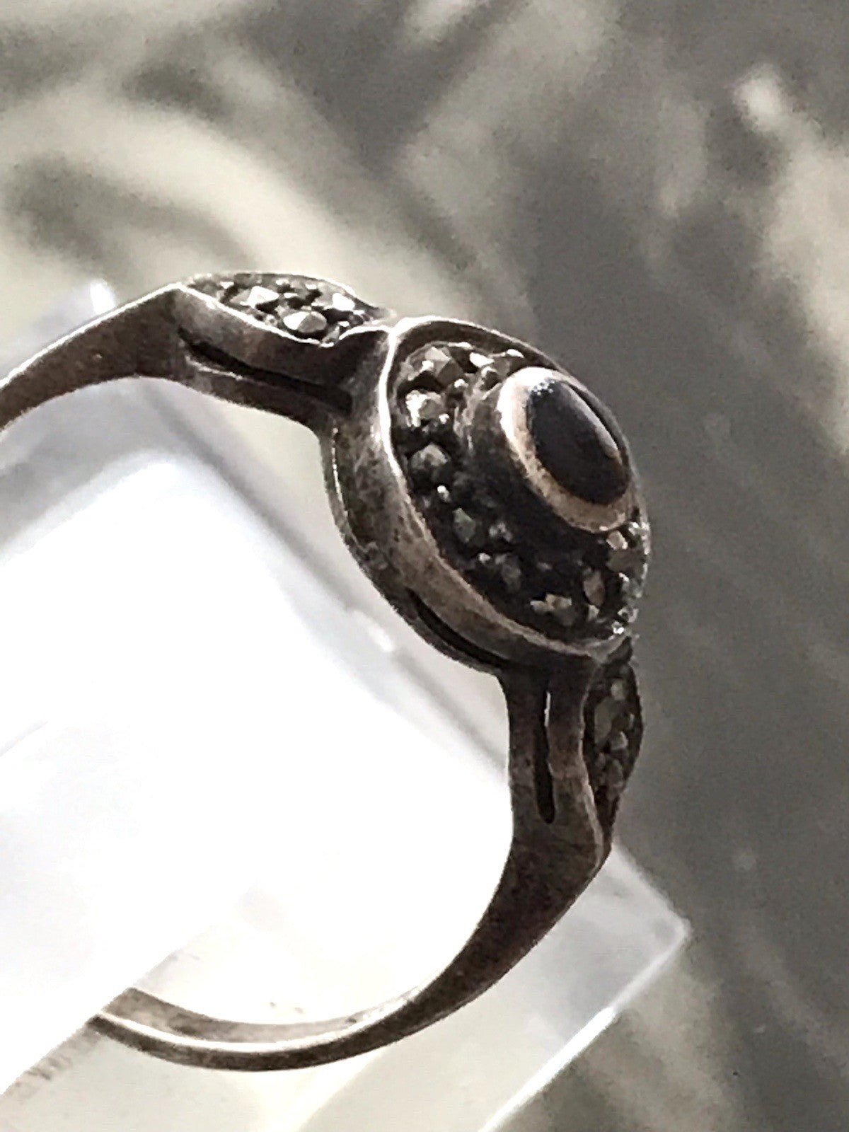 Antik Art Déco Edel Onyx Markasite DAMEN RING Silber 925 Gr.51 16,2