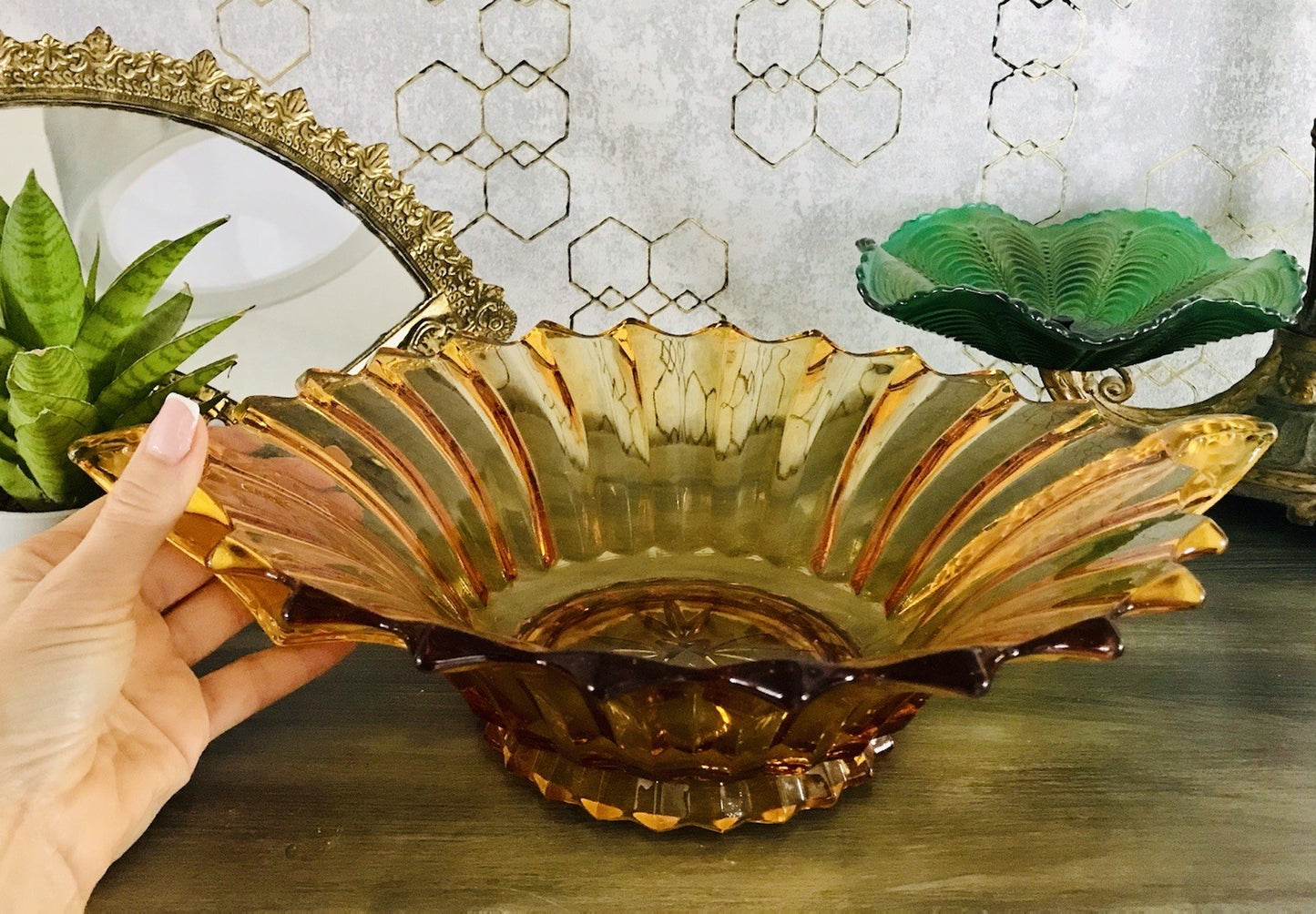 Antik Art Déco gelb Pressglas Schale Glas Brockwitz Prismen Fruchtschale 1941