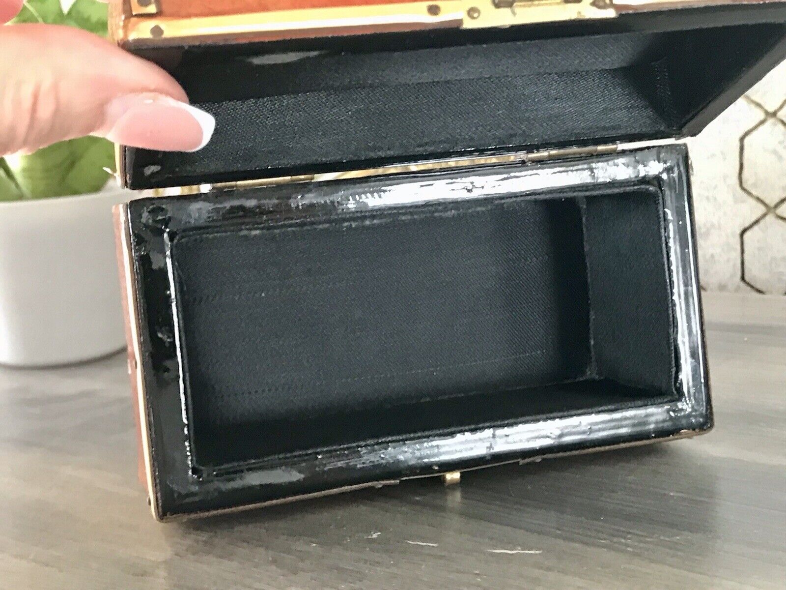 Vintage Schatulle Schmuckdose Dose Kästchen Leder bezogen Cognac