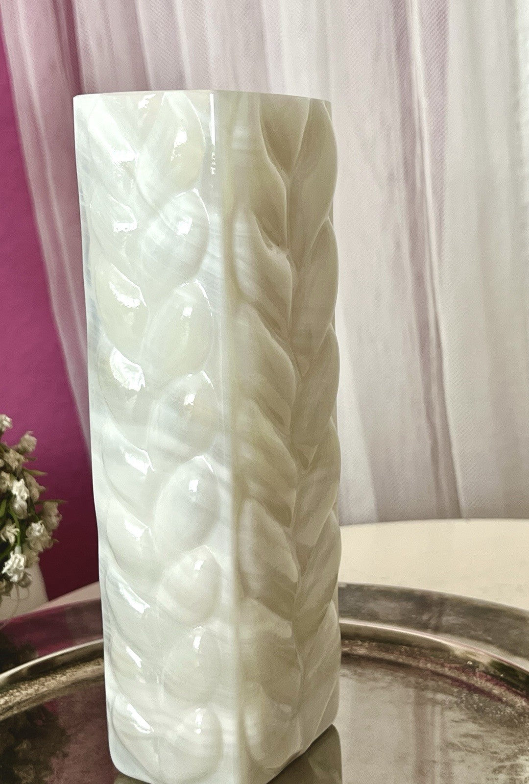 Vintage 60er Jahre MCM Glasvase Vase Glas Design Zopfmuster Blockvase weiß