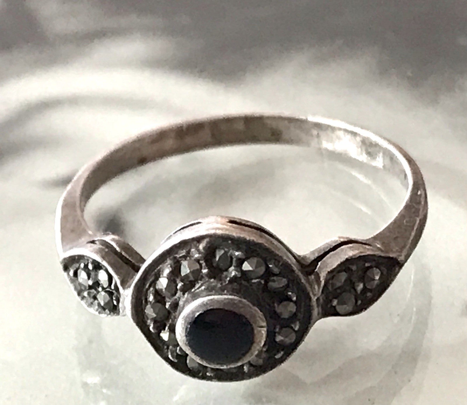 Antik Art Déco Edel Onyx Markasite DAMEN RING Silber 925 Gr.51 16,2